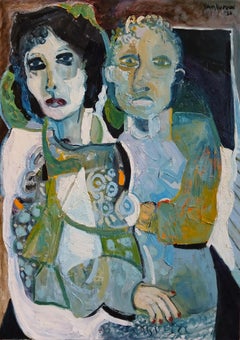 Dark Expressionist Figurative Portrait Oil Painting with Green "The Couple"