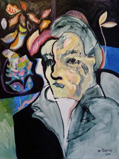Ritratto espressionista scuro a olio su tela "Donna con vaso di fiori".