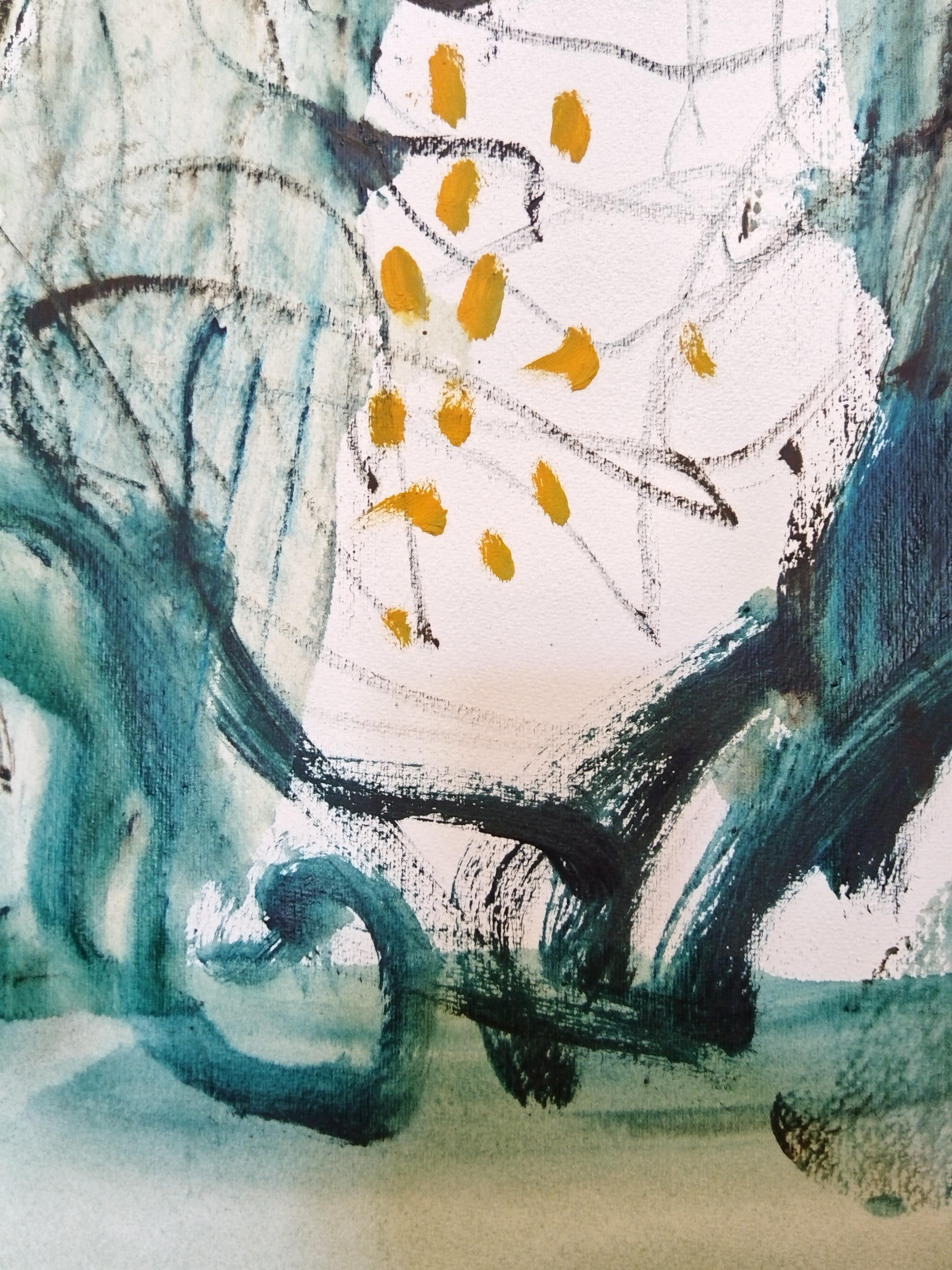 Un dipinto a olio unico su carta fabriano da 300 g/m², incorniciato con una sottile cornice nera in alluminio e vetro museale non riflettente. L'opera d'arte è fluttuata e sollevata sul tabellone grigio. Pronto per essere appeso. Le dimensioni di