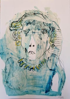 Pintura expresionista de retrato figurativo sobre Fabriano "Mujer con vestido azul"