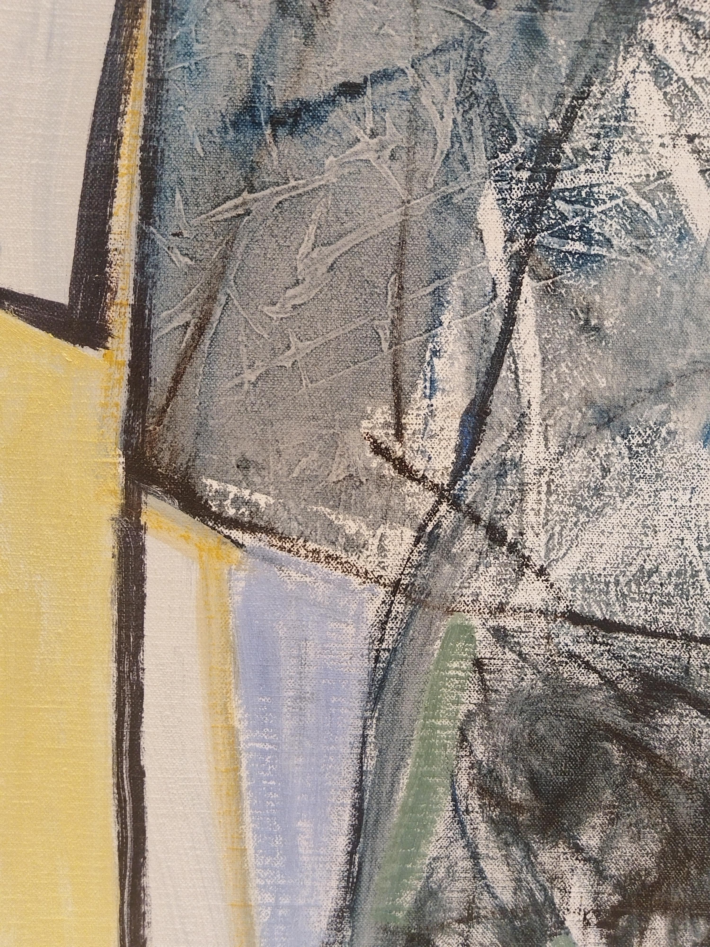Peinture à l'huile expressionniste jaune clair et bleue sur toile de lin « Two Figures » en vente 5