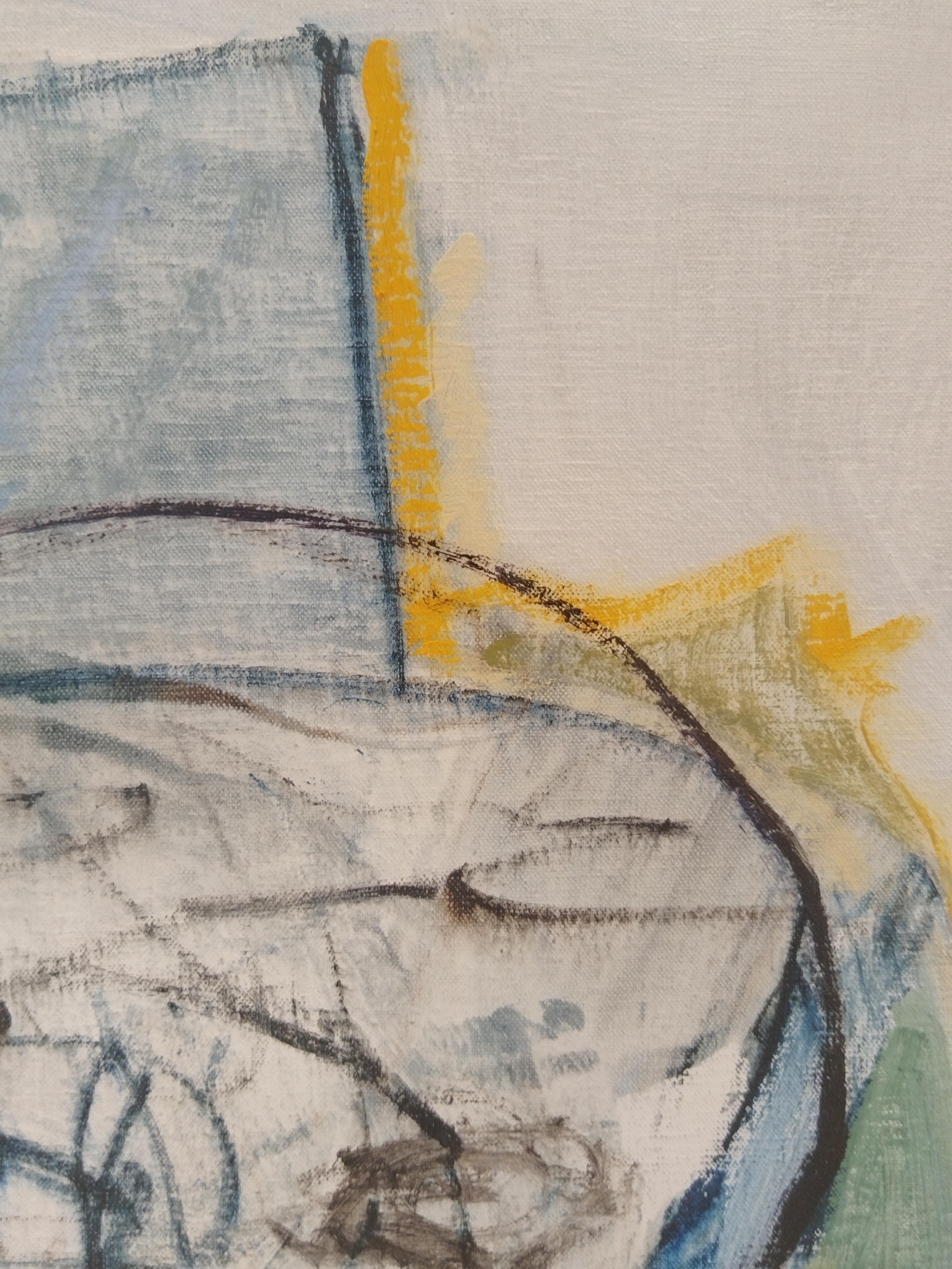 Peinture à l'huile expressionniste jaune clair et bleue sur toile de lin « Two Figures » en vente 6