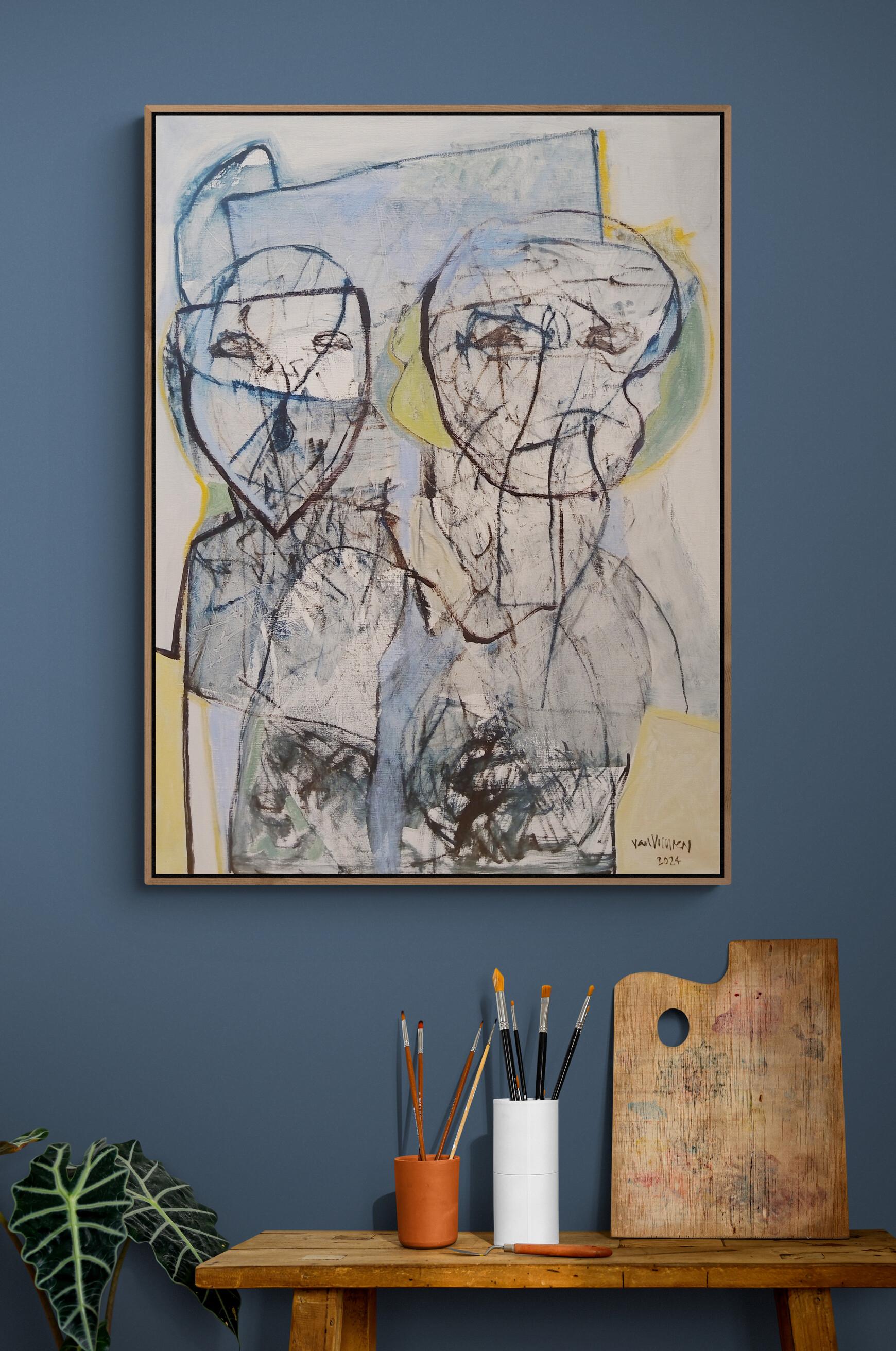 Peinture à l'huile expressionniste jaune clair et bleue sur toile de lin « Two Figures » en vente 7