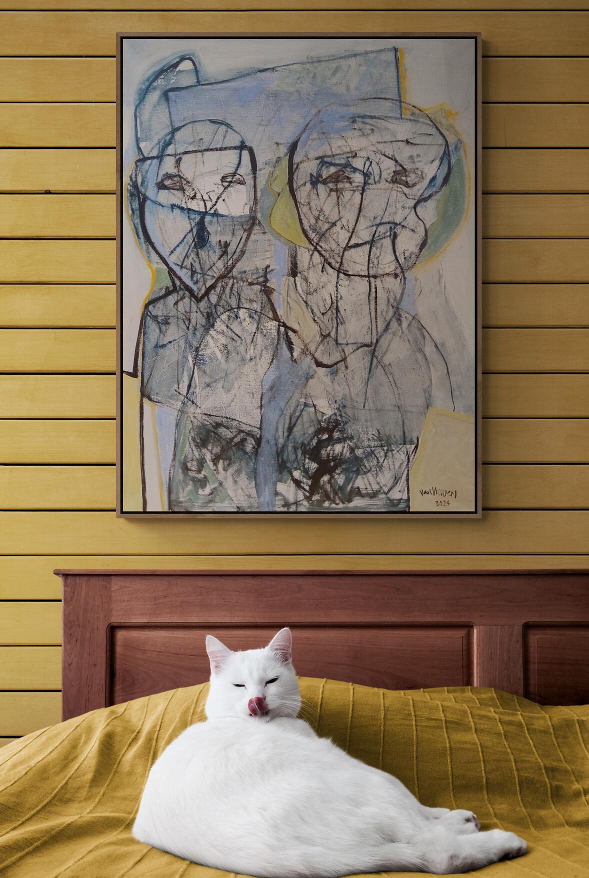 Peinture à l'huile expressionniste jaune clair et bleue sur toile de lin « Two Figures » - Painting de André François van Vuuren