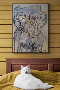 Expressionist Light Yellow and Blue Oil Painting on Linen Canvas "Two Figures"