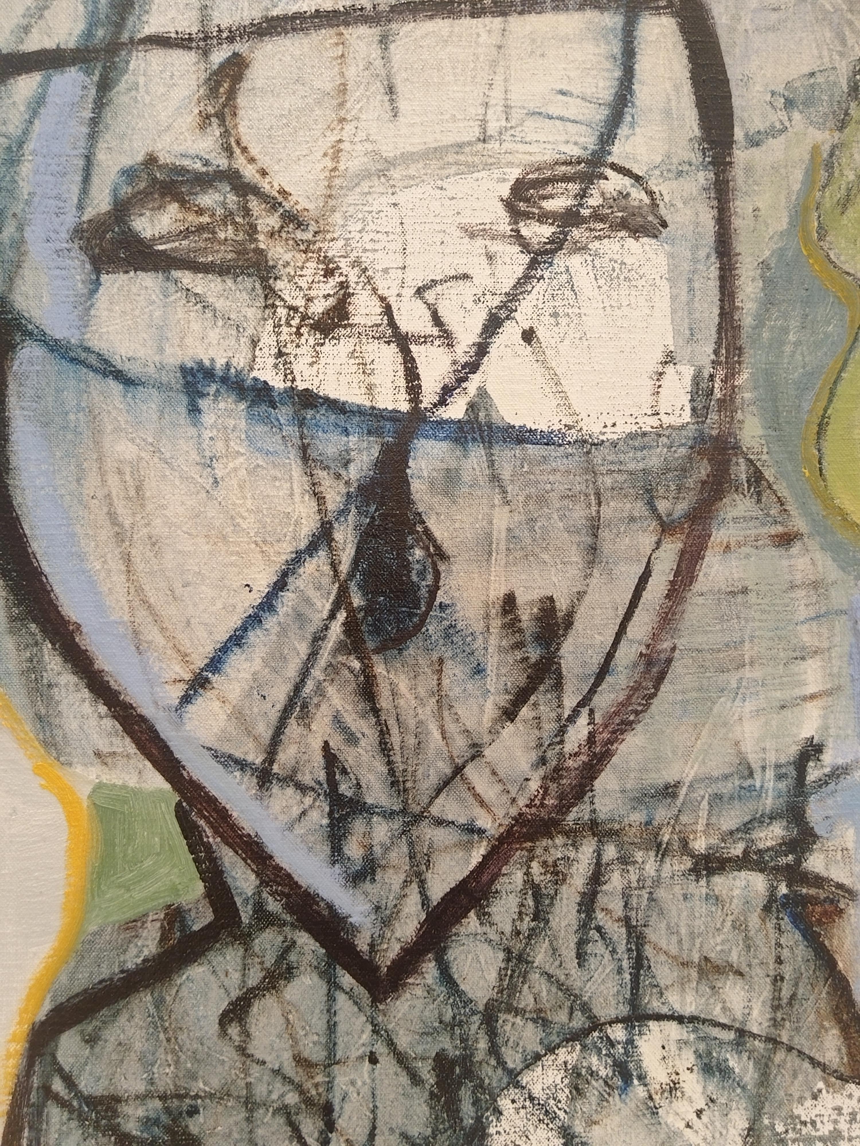 Peinture à l'huile expressionniste jaune clair et bleue sur toile de lin « Two Figures » - Contemporain Painting par André François van Vuuren