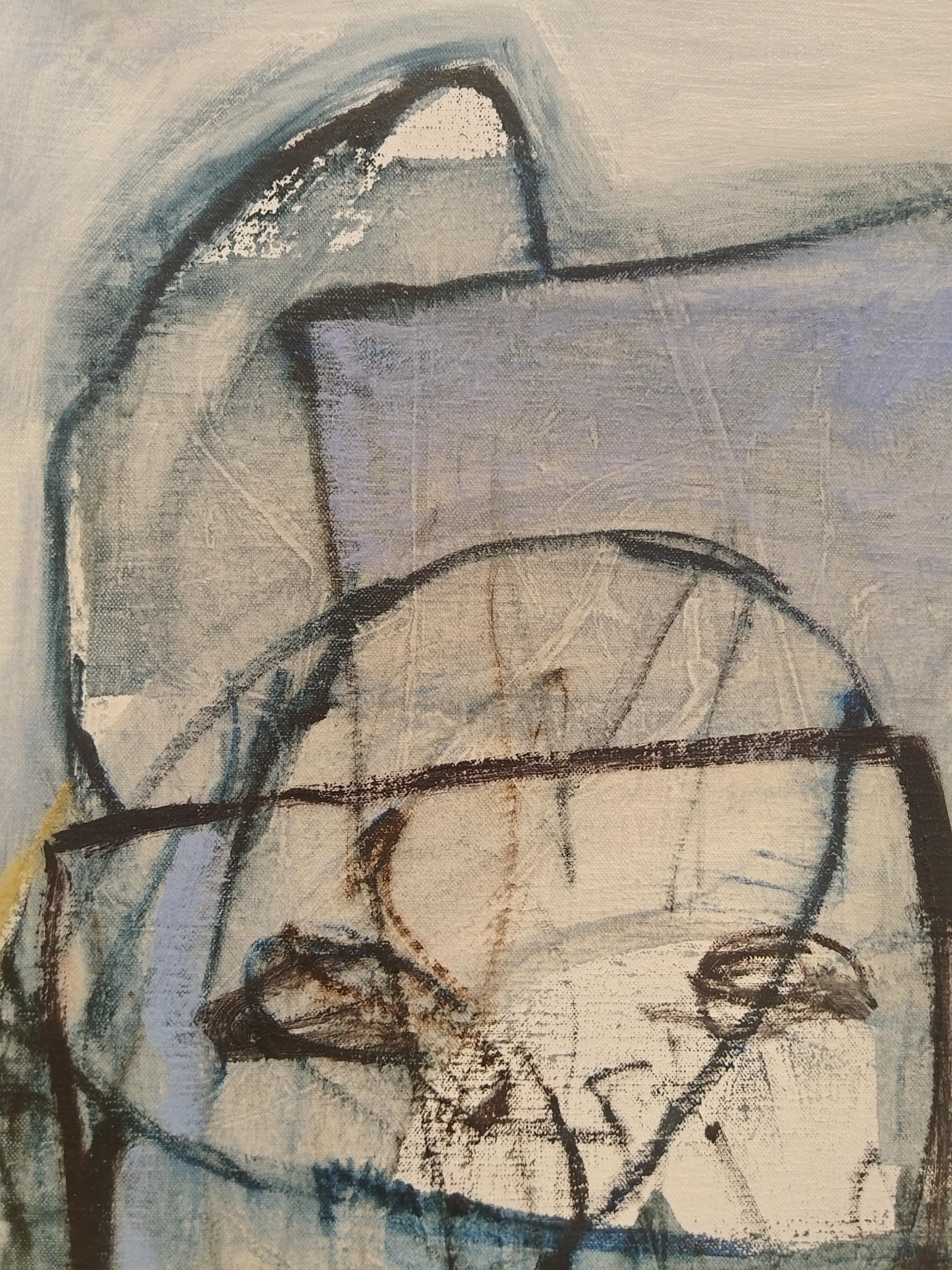 Une peinture à l'huile figurative abstraite unique sur toile de lin belge tendue, prête à être accrochée. Signé en bas à droite. Options d'encadrement disponibles sur demande.