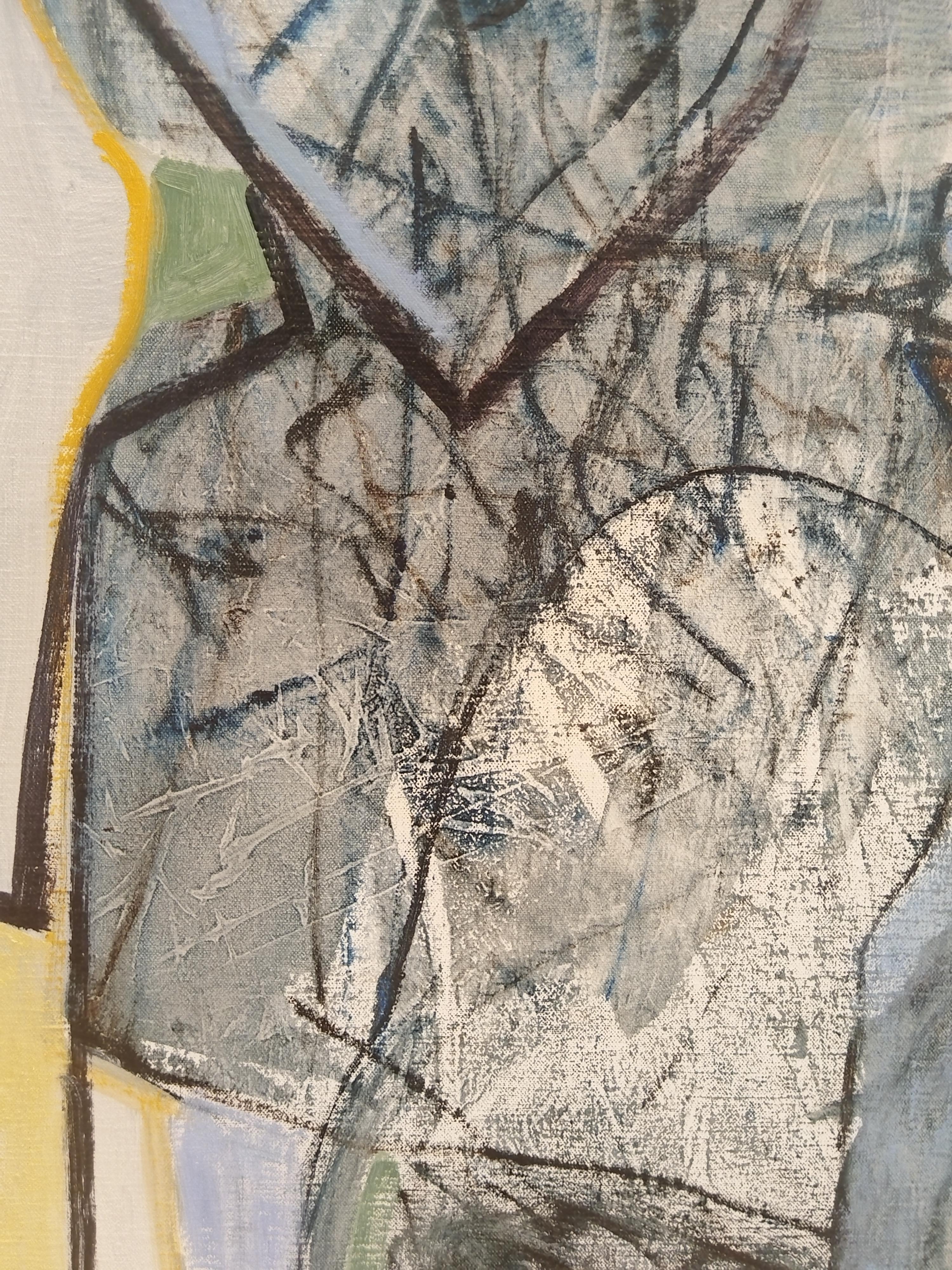 Peinture à l'huile expressionniste jaune clair et bleue sur toile de lin « Two Figures » en vente 1