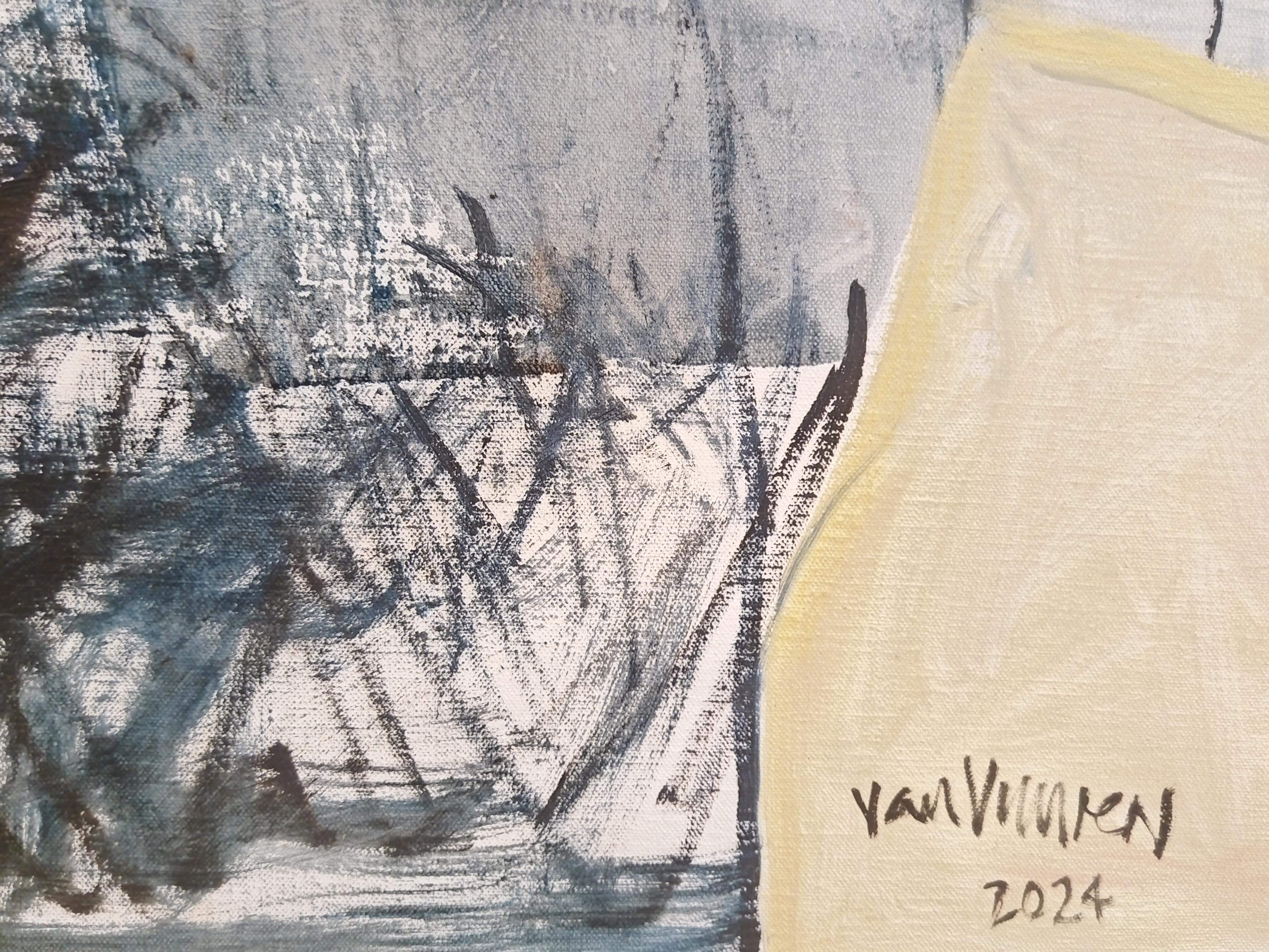 Peinture à l'huile expressionniste jaune clair et bleue sur toile de lin « Two Figures » en vente 2