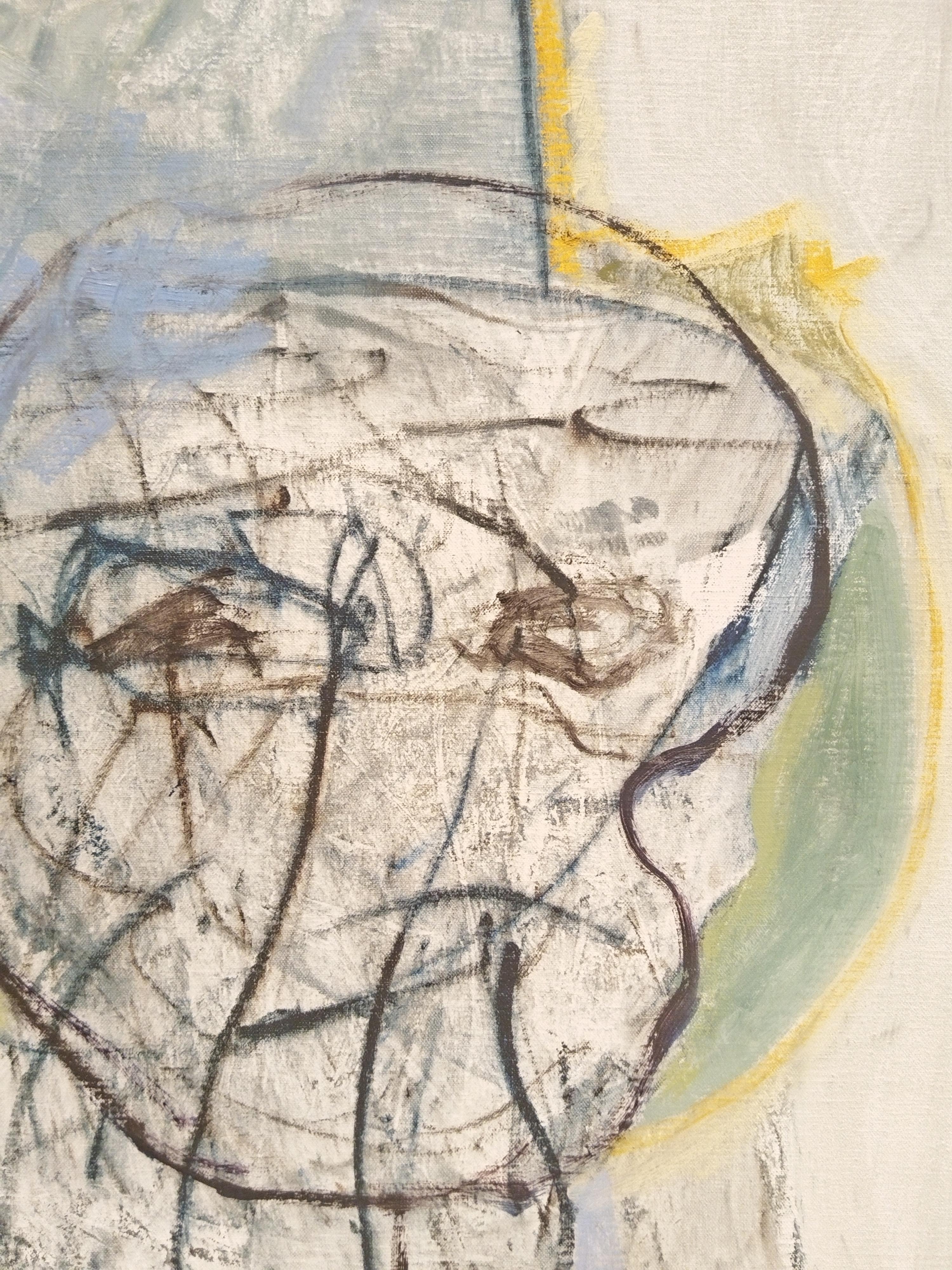 Peinture à l'huile expressionniste jaune clair et bleue sur toile de lin « Two Figures » en vente 3