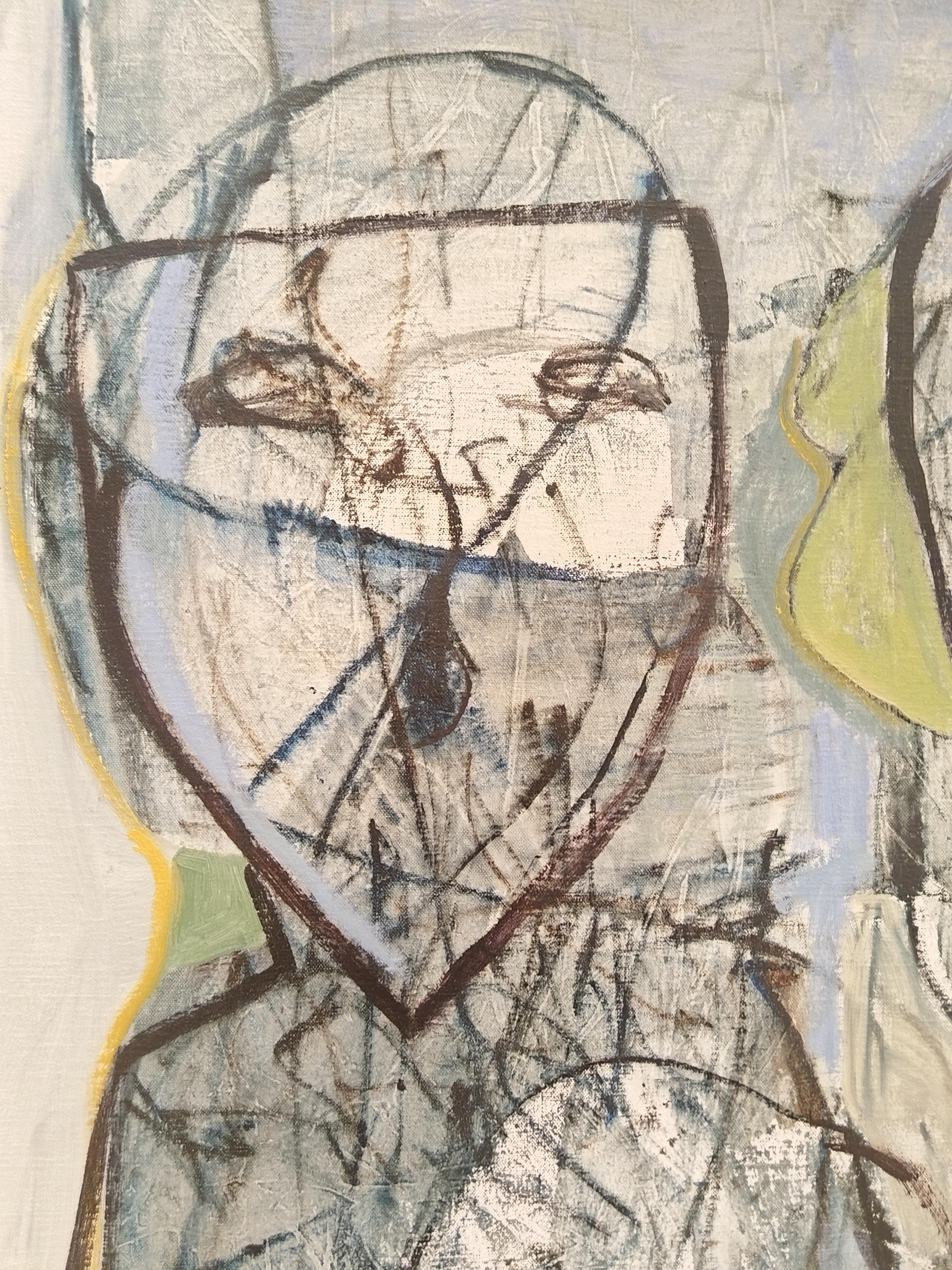 Peinture à l'huile expressionniste jaune clair et bleue sur toile de lin « Two Figures » en vente 4