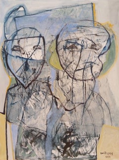 Pintura al óleo expresionista en amarillo claro y azul sobre lienzo de lino "Dos figuras"
