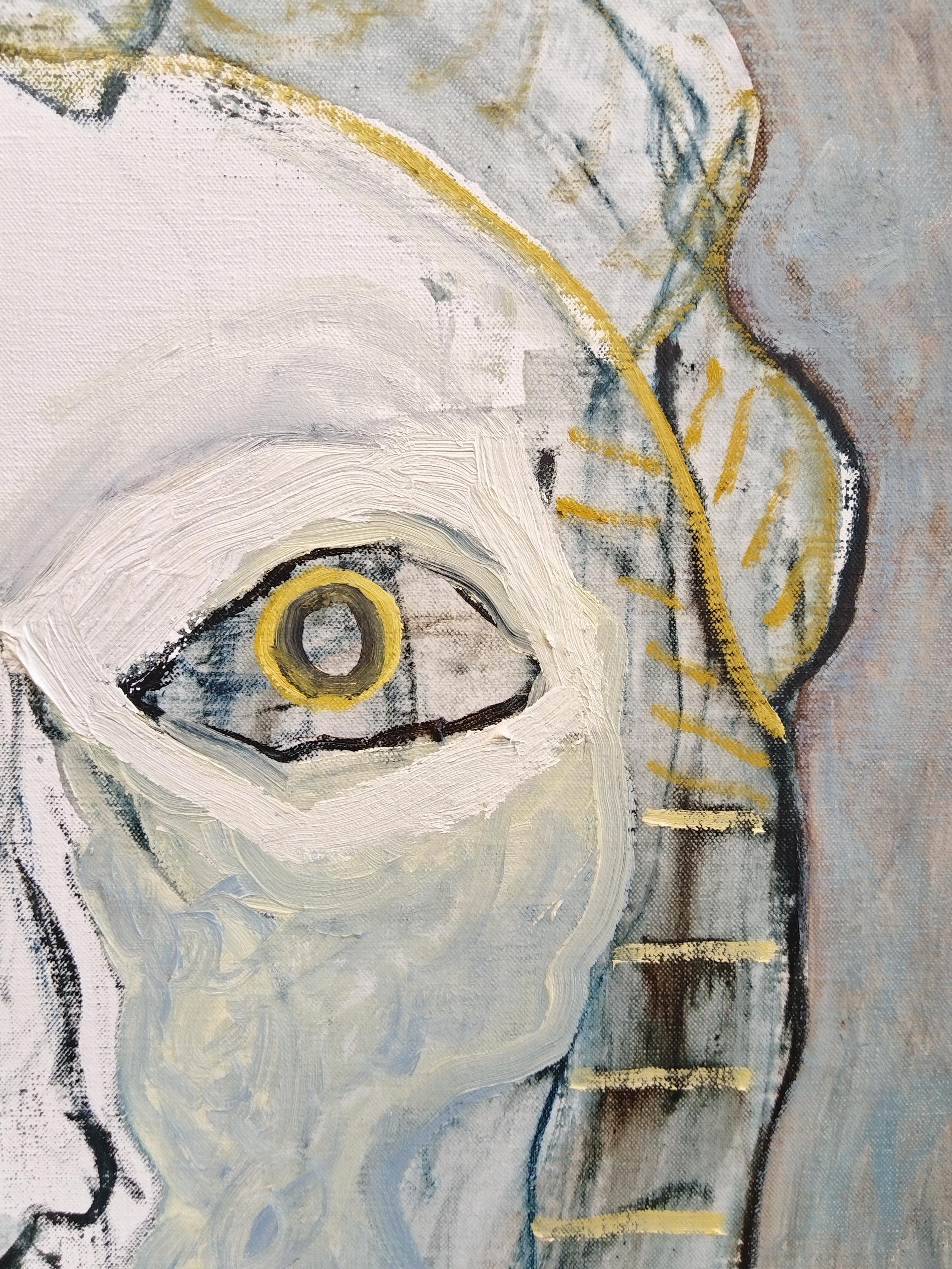 Un portrait abstrait unique peint à l'huile sur toile de lin belge, encadré dans un cadre doré fait à la main. Les dimensions de 86,5 x 76,5 cm incluent la taille du cadre. Prêt à être accroché. 
