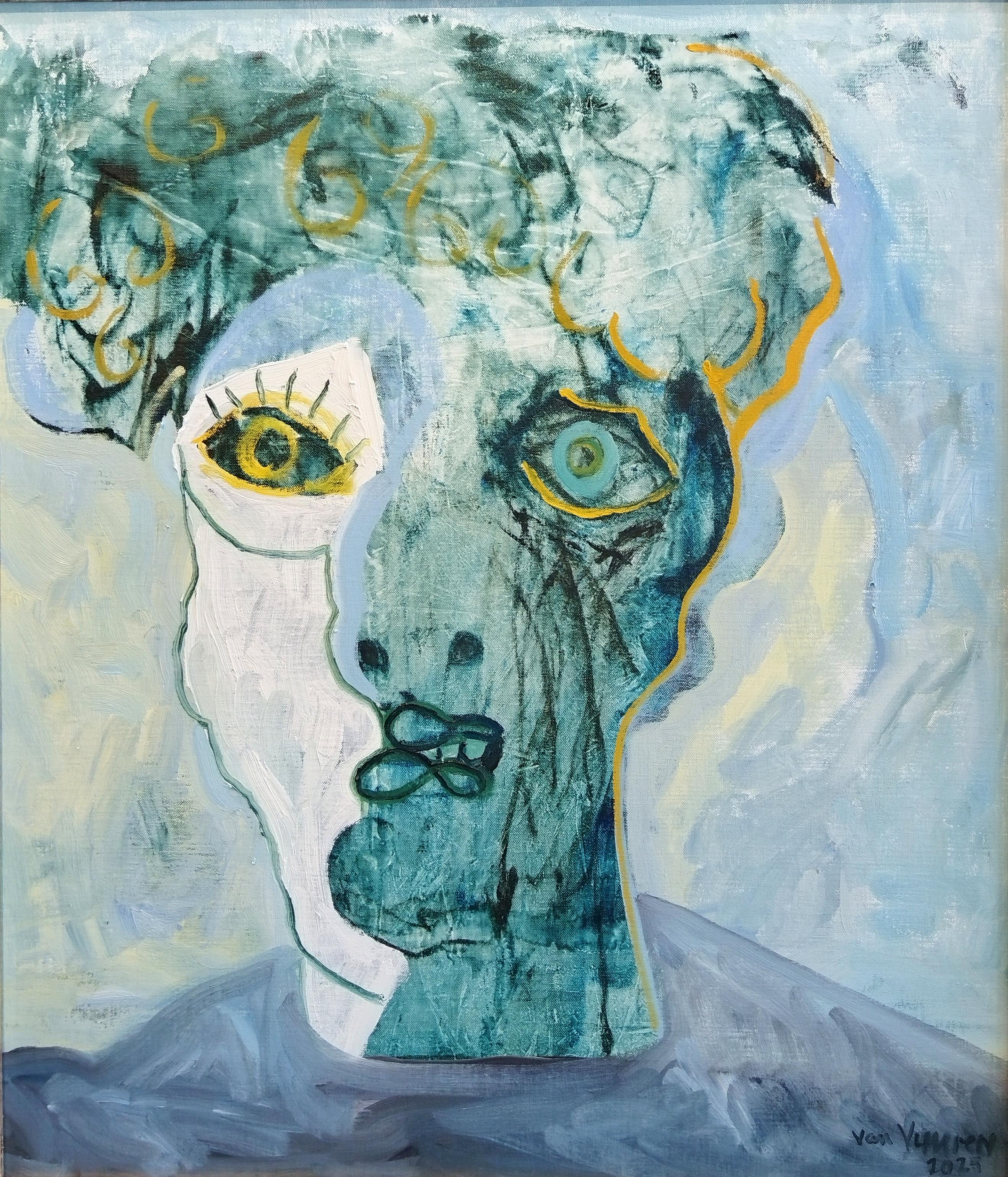 Portrait expressionniste « Man's Head 2 » avec cadre doré fait à la main - Painting de André François van Vuuren