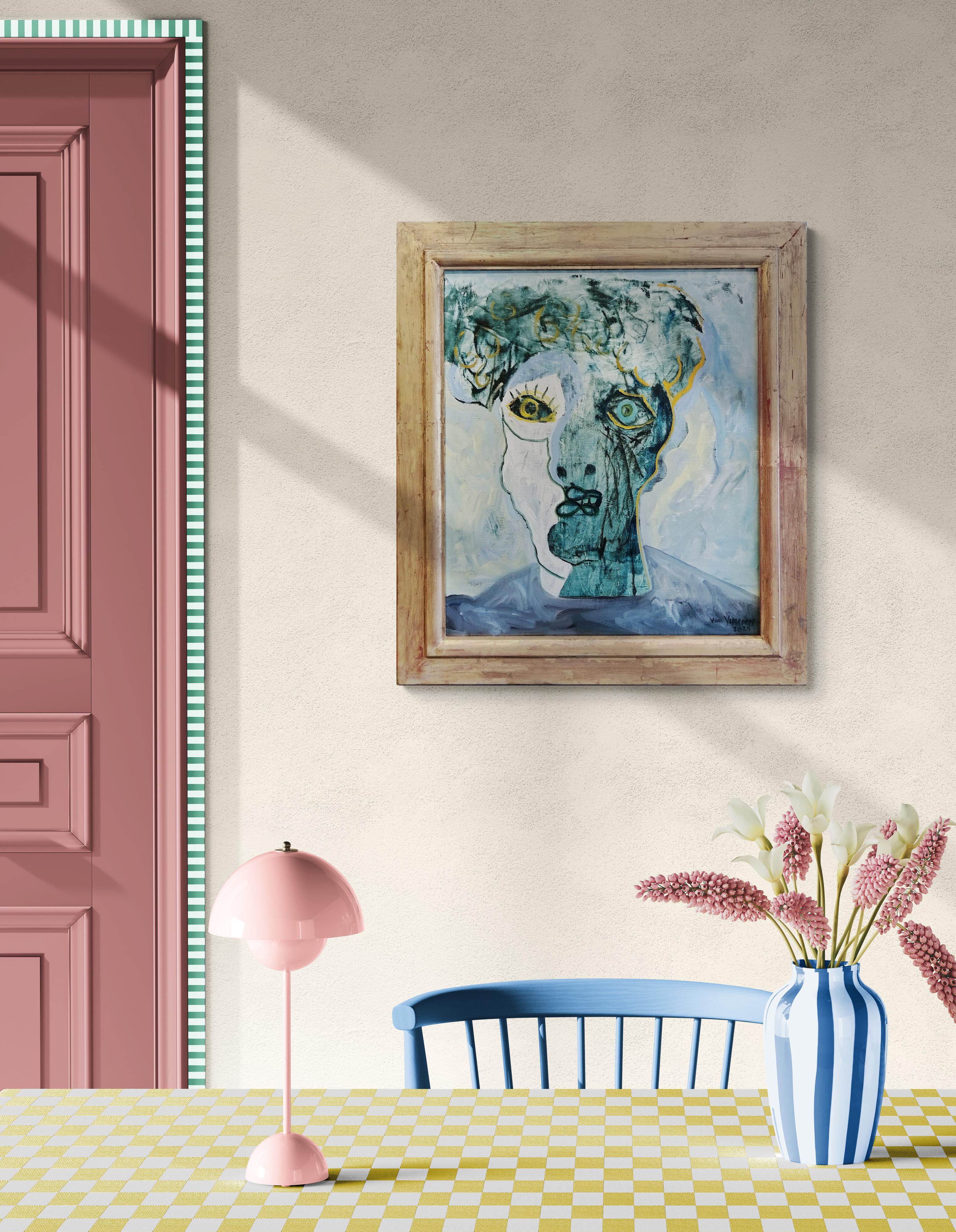 Portrait expressionniste « Man's Head 2 » avec cadre doré fait à la main - Contemporain Painting par André François van Vuuren