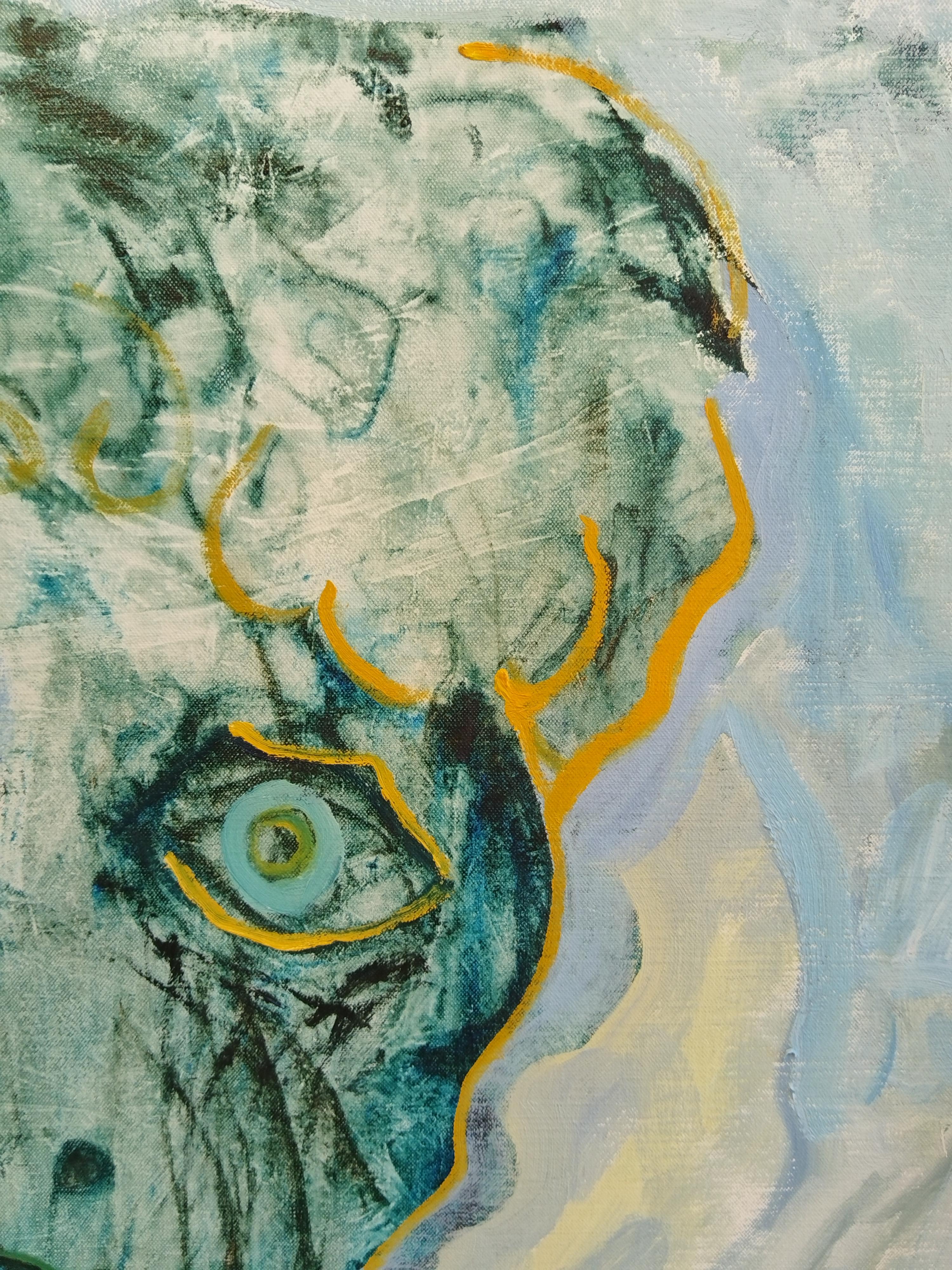 Portrait expressionniste « Man's Head 2 » avec cadre doré fait à la main - Gris Abstract Painting par André François van Vuuren