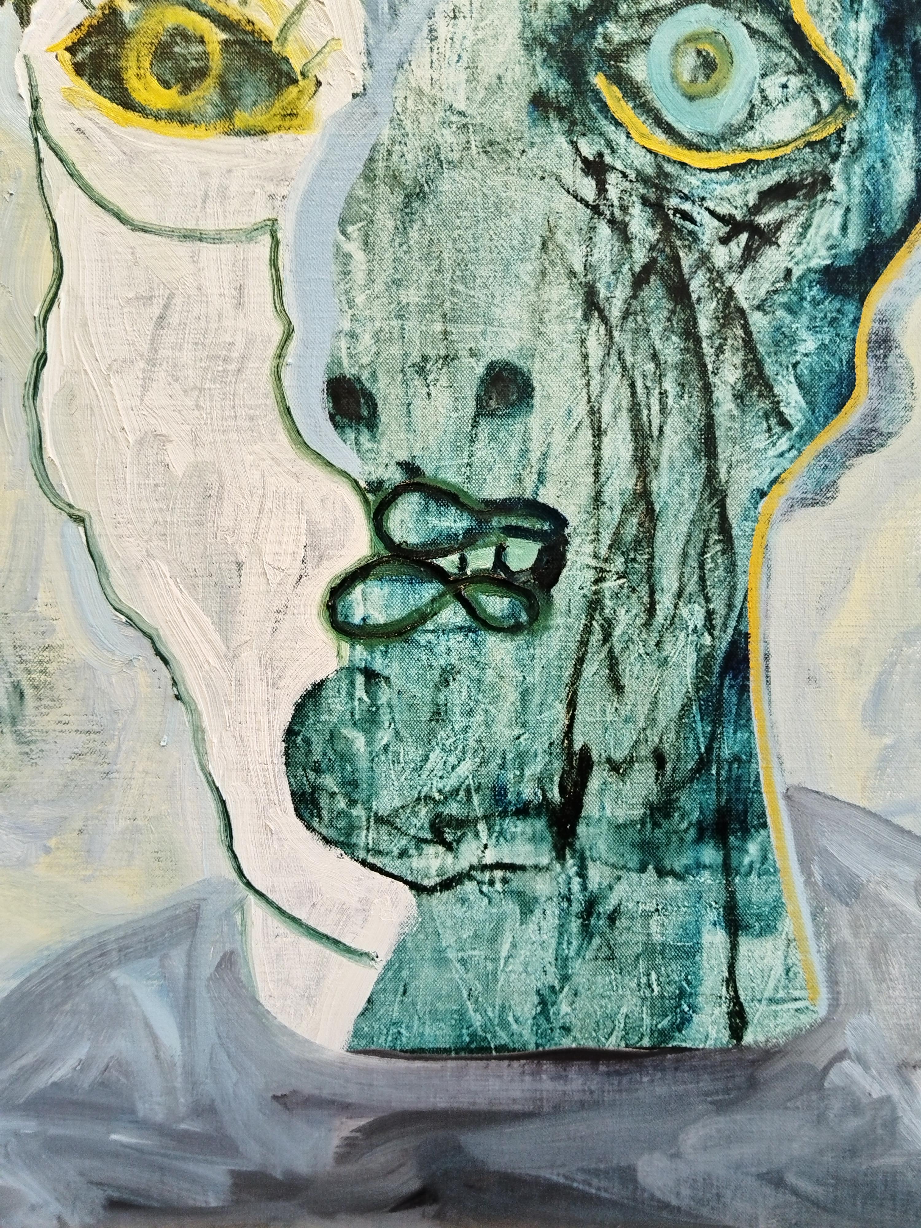 Un portrait abstrait unique peint à l'huile sur toile de lin belge, encadré dans un cadre doré fait à la main. Les dimensions de 86,5 x 76,5 cm incluent la taille du cadre. Les dimensions de l'œuvre, hors cadre, sont de 70 x 60 cm. Prêt à être