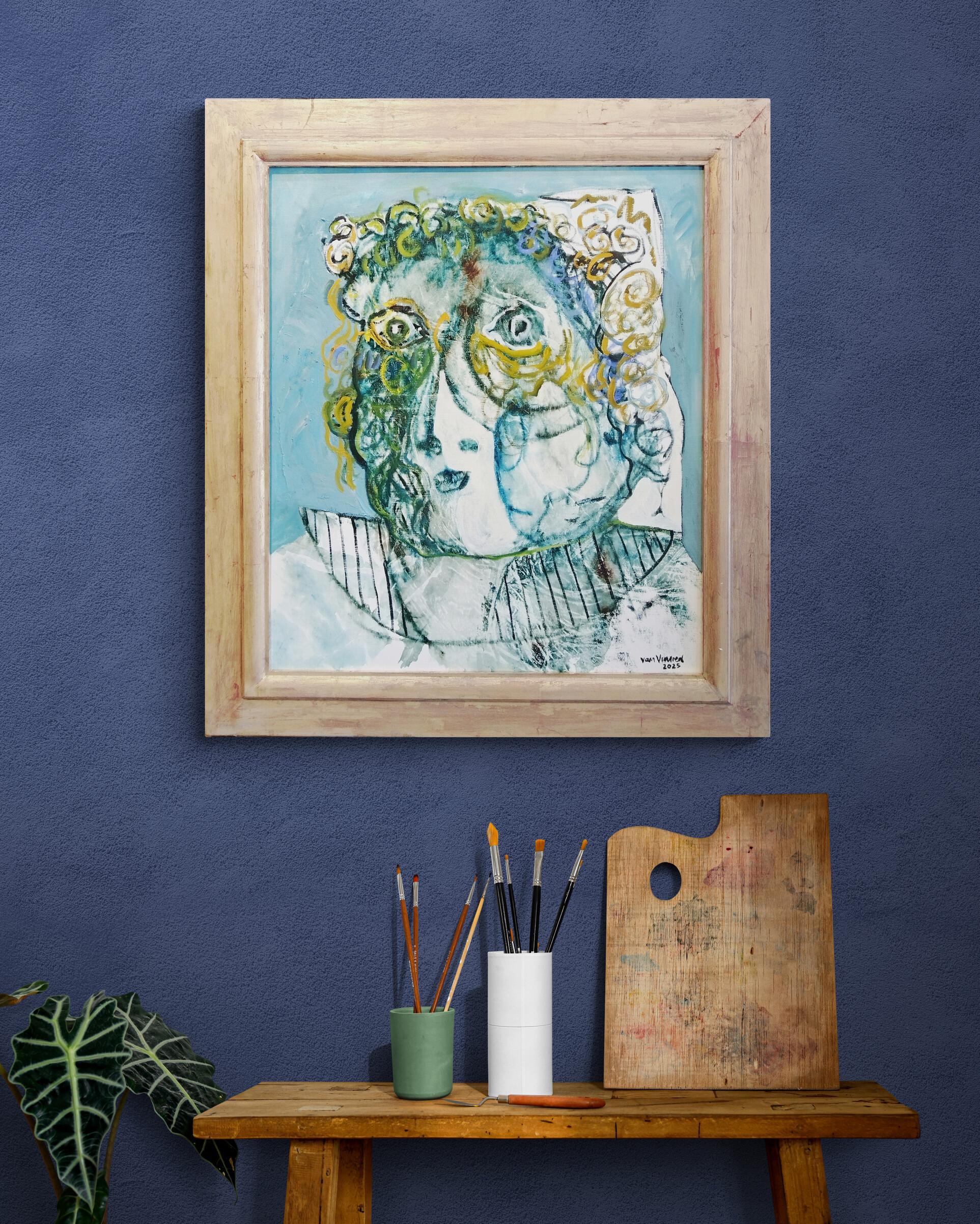 Portrait expressionniste « Femme avec col » avec cadre doré fait à la main - Painting de André François van Vuuren