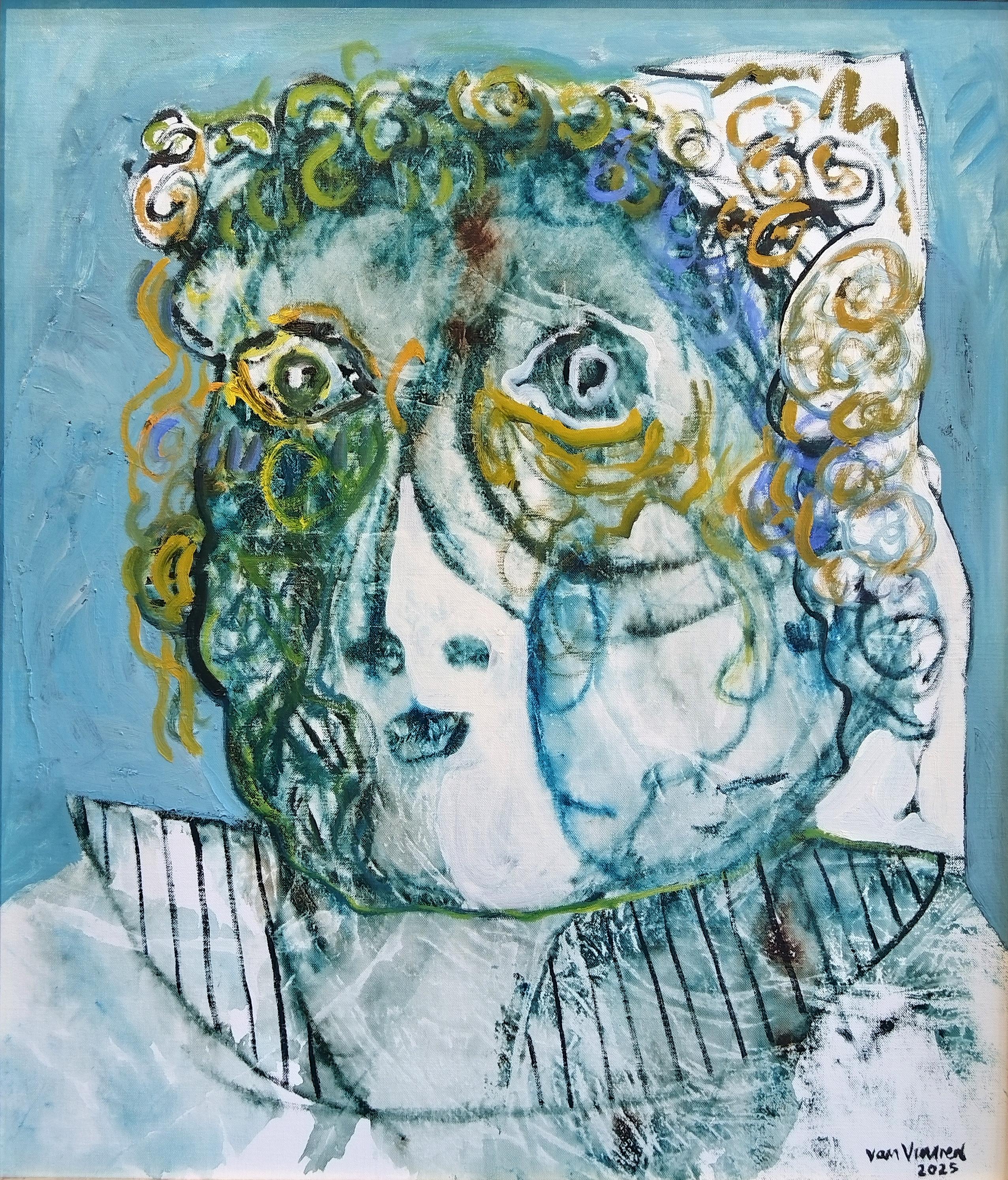 Portrait expressionniste « Femme avec col » avec cadre doré fait à la main - Gris Portrait Painting par André François van Vuuren