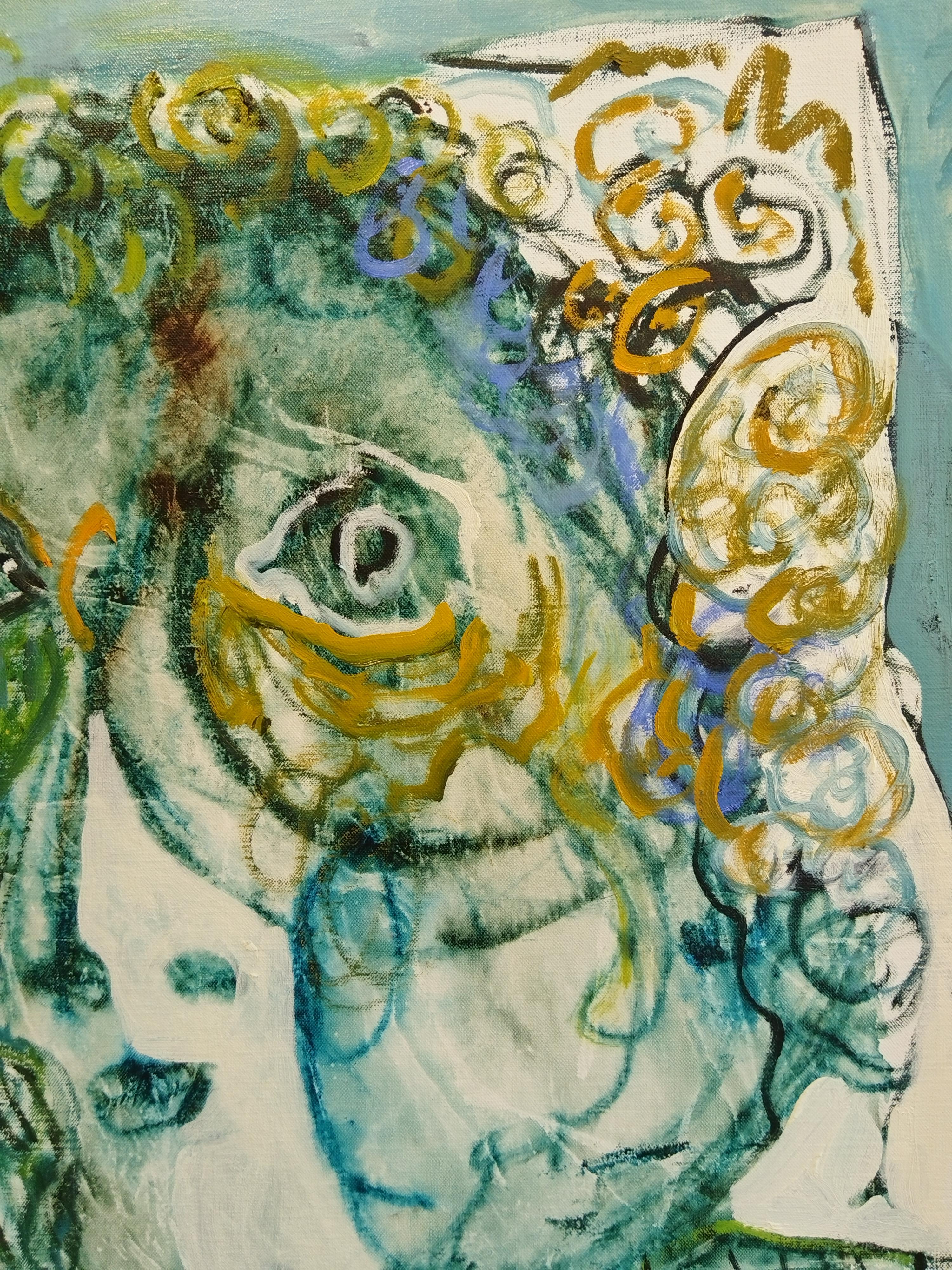 Un portrait abstrait unique peint à l'huile sur toile de lin belge, encadré dans un cadre doré fait à la main. Les dimensions de 86,5 x 76,5 cm incluent la taille du cadre. Les dimensions de l'œuvre, hors cadre, sont de 70 x 60 cm. Prêt à être