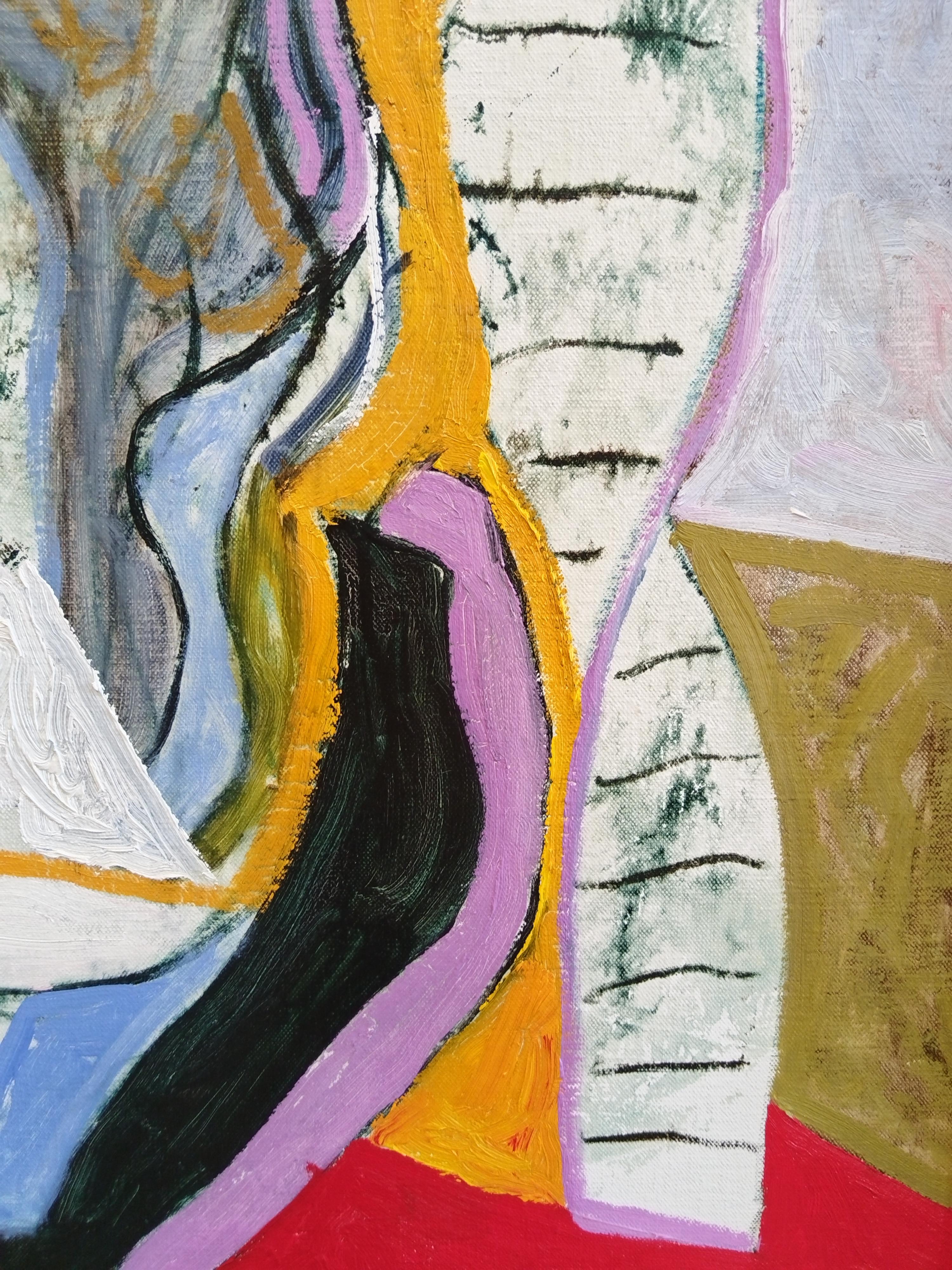 Un portrait abstrait unique peint à l'huile sur toile de lin belge, encadré dans un cadre doré fait à la main. Les dimensions de 86,5 x 76,5 cm incluent la taille du cadre. Les dimensions de l'œuvre, hors cadre, sont de 70 x 60 cm. Prêt à être