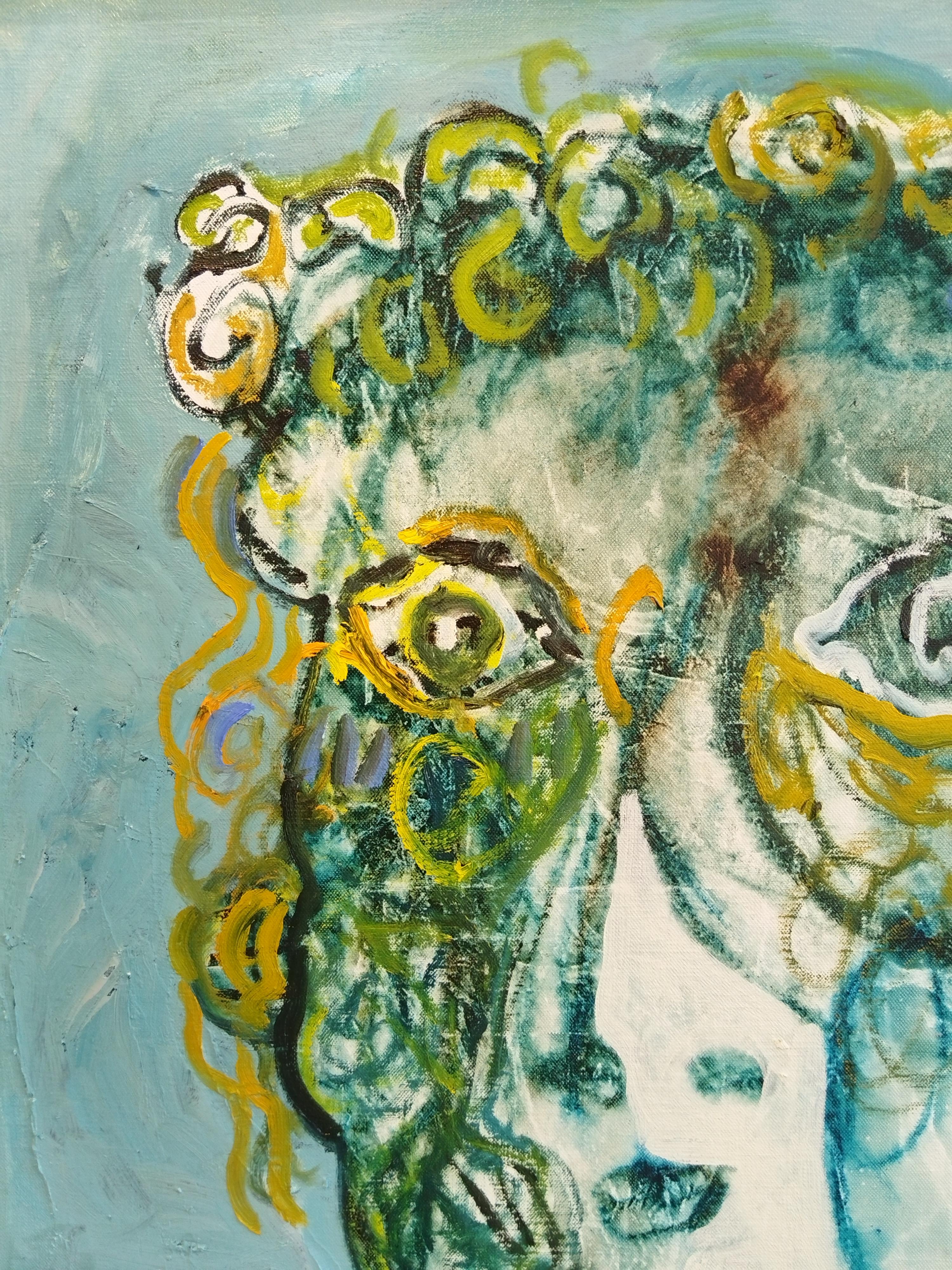 Portrait expressionniste « Femme avec col » avec cadre doré fait à la main en vente 1