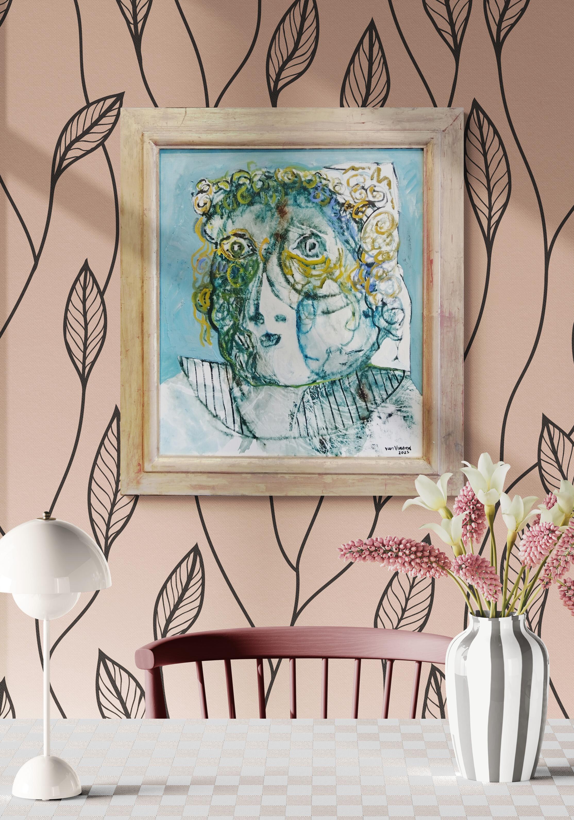 Portrait expressionniste « Femme avec col » avec cadre doré fait à la main en vente 4