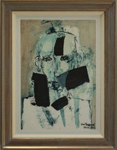 Expressionist Portrait Oil Painting on Paper "Bust of Man with Black Elements"