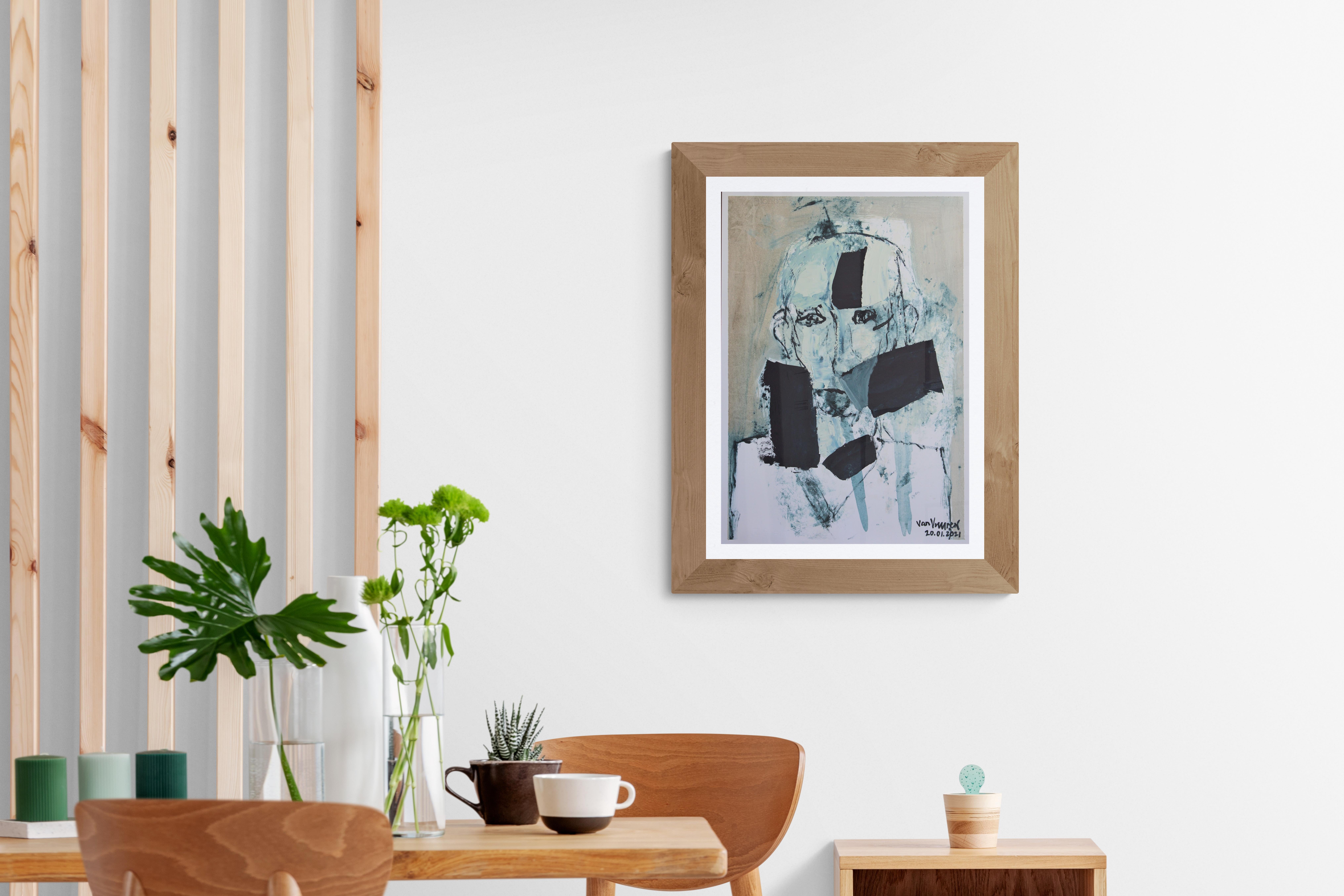 Portrait expressionniste, peinture à l'huile sur papier « Buste of Man with Black Elements » (Bâtte d'homme avec des éléments noirs) - Contemporain Painting par André François van Vuuren