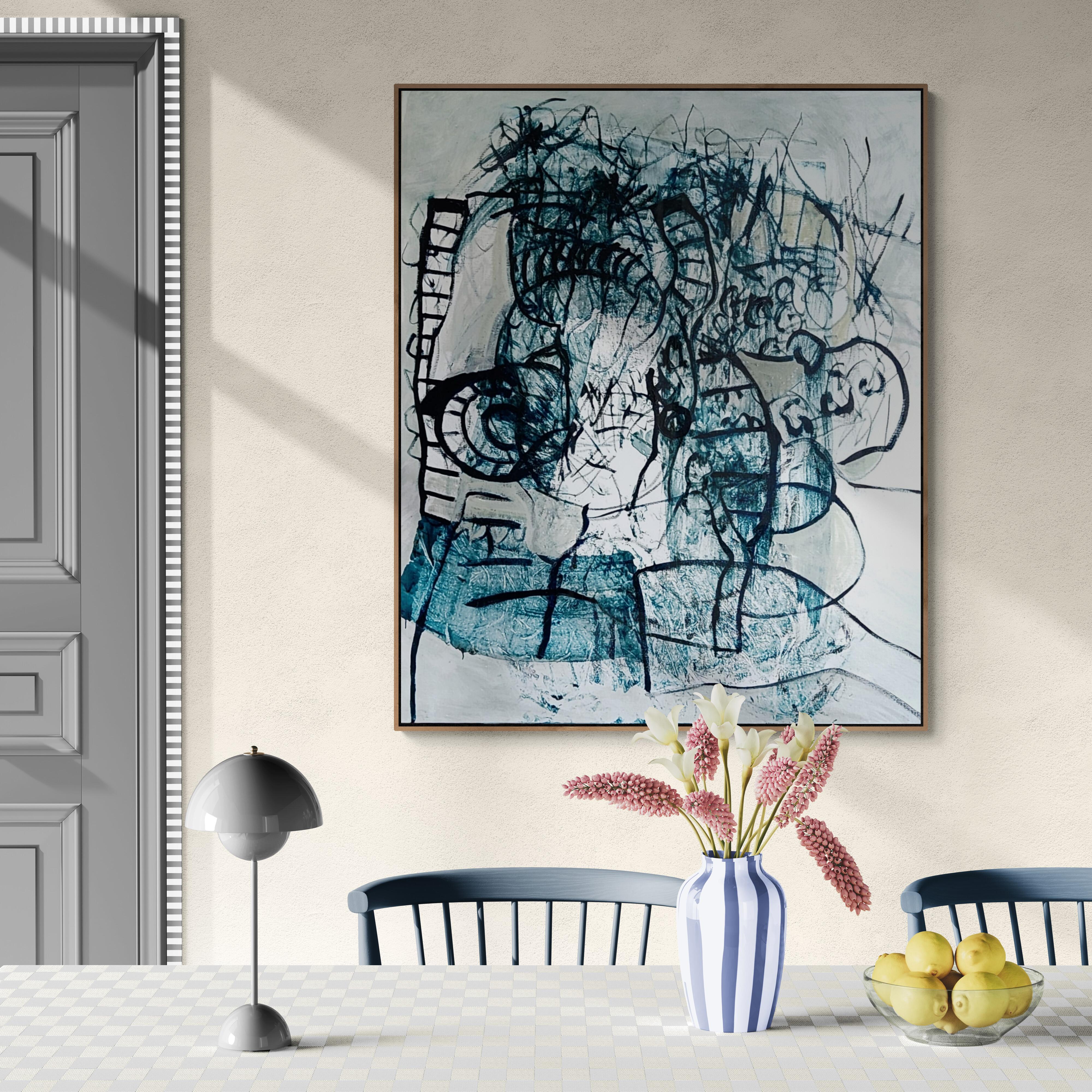 Grande peinture à l'huile expressionniste abstraite bleu-vert « Sans titre » en vente 1