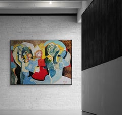 Large Colourful Expressionist Figurative Oil Painting "Three Men And A Woman"