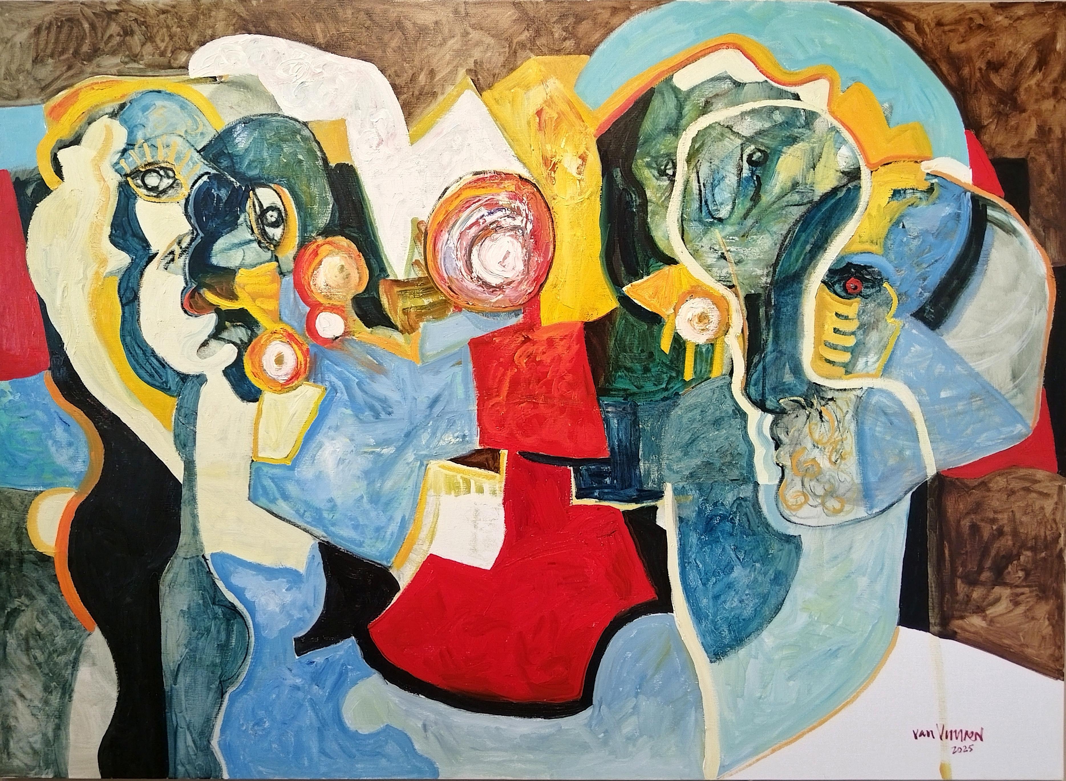 Abstract Painting de André François van Vuuren - Pintura al óleo figurativa expresionista de gran colorido "Tres hombres y una mujer"