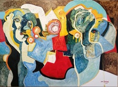 Large Colourful Expressionist Figurative Oil Painting "Three Men And A Woman"