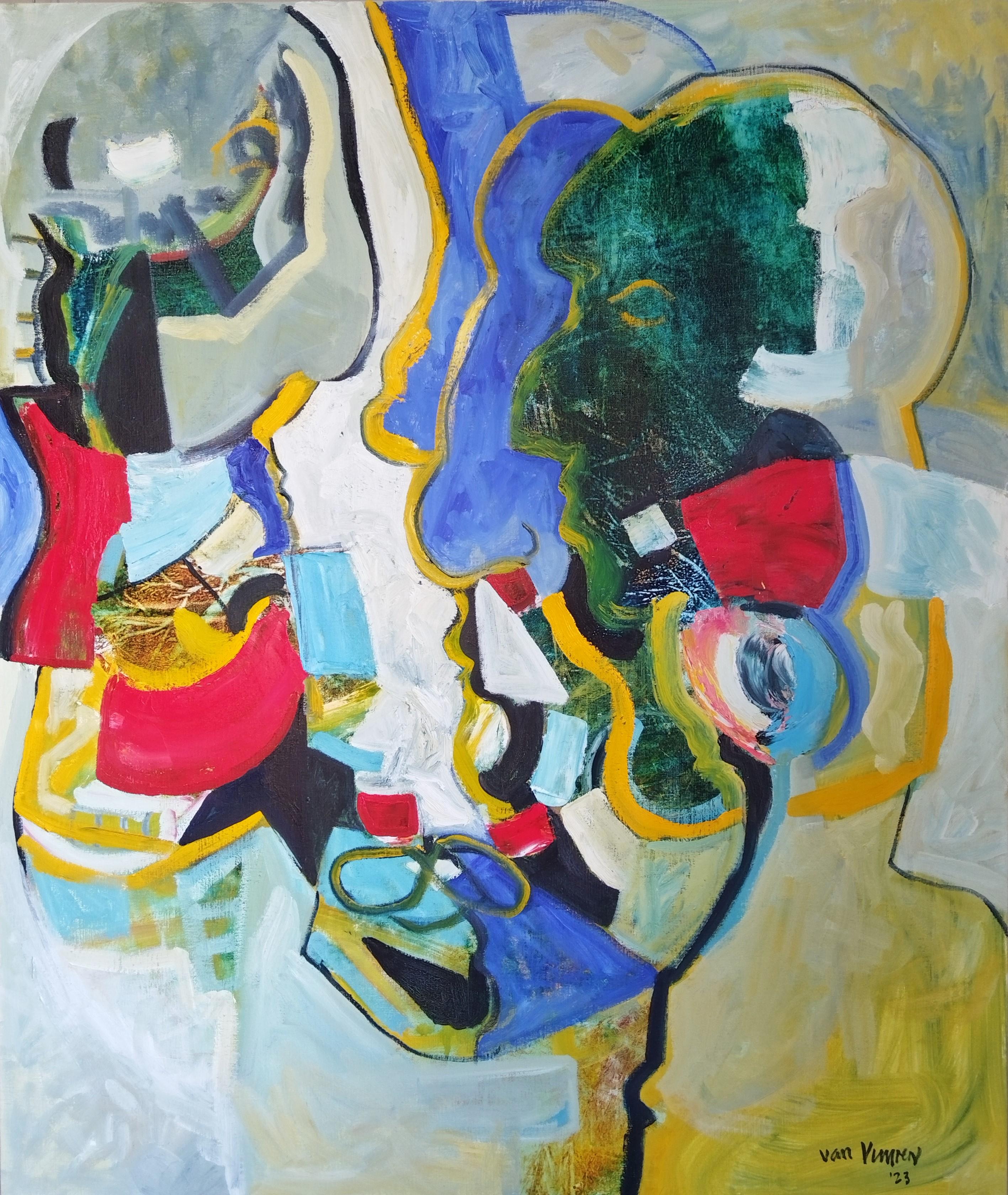 Grande pittura ad olio figurativa espressionista colorata "Senza titolo"