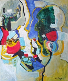 Grande pittura ad olio figurativa espressionista colorata "Senza titolo"