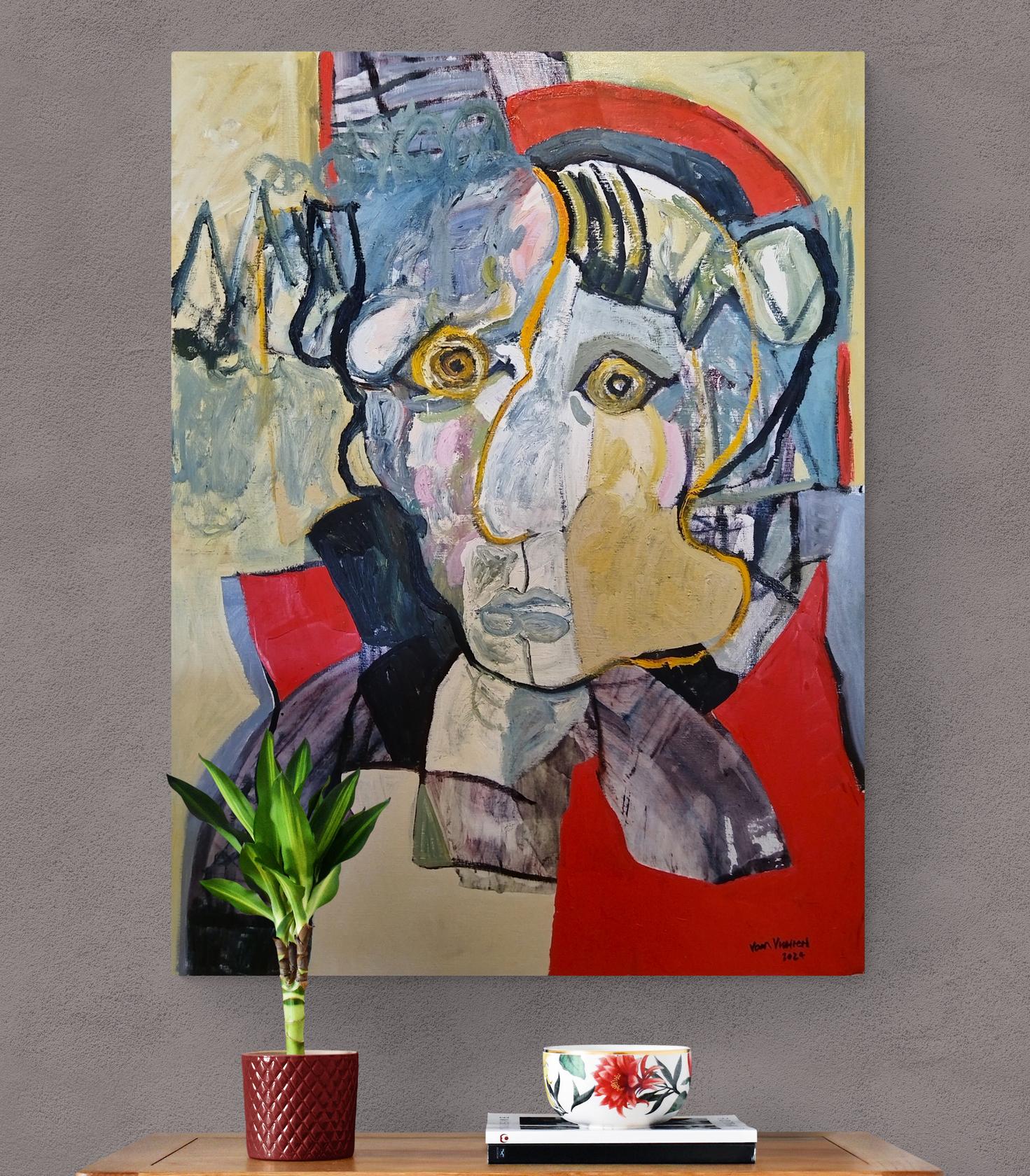 Grande ritratto espressionista colorato dipinto ad olio 