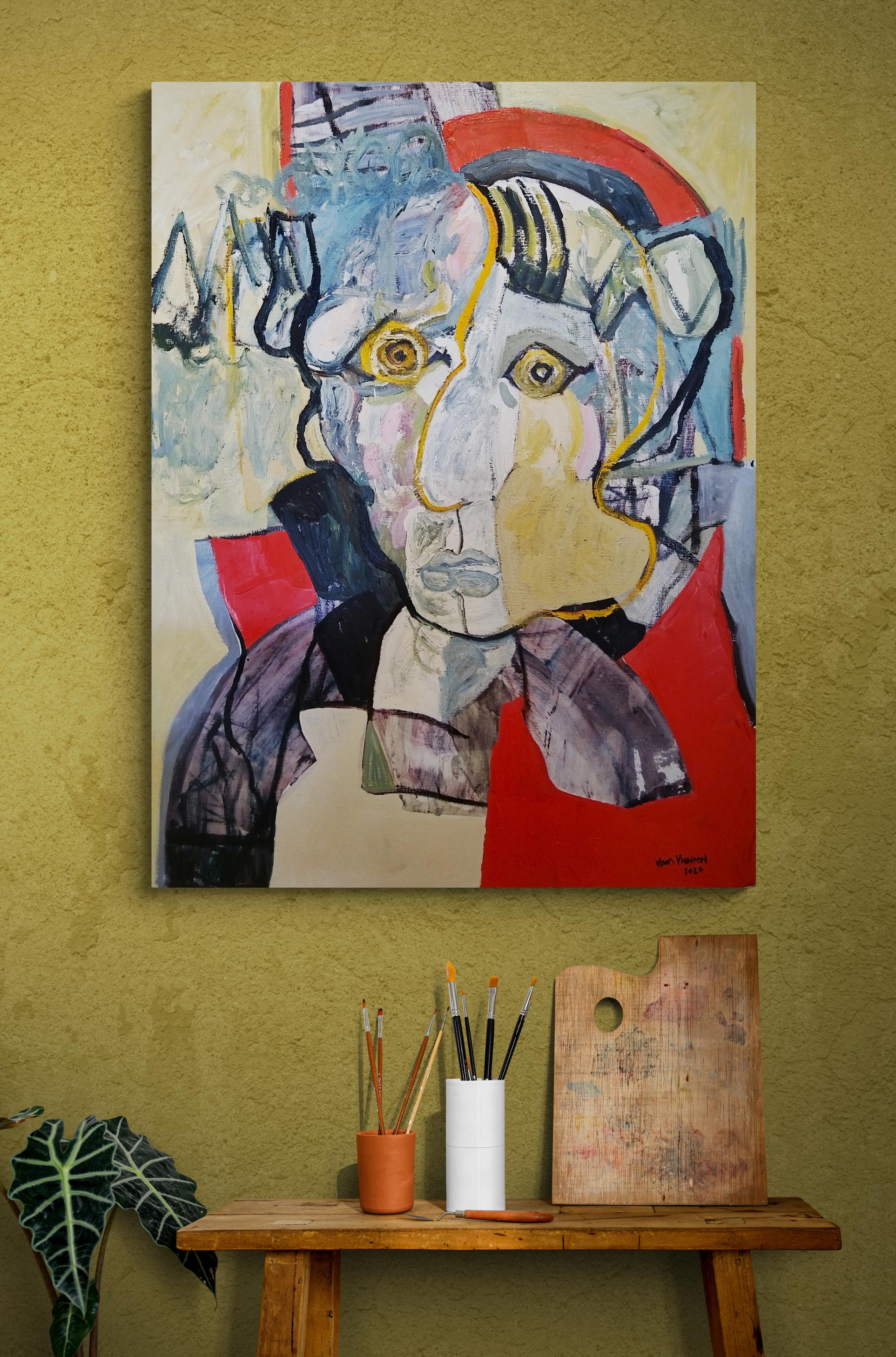 Grande ritratto espressionista colorato dipinto ad olio 