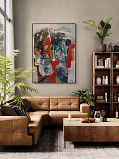 Großes, dunkelrotes und blaues, expressionistisches, figuratives Ölgemälde „Fragmente“