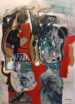 Großes, dunkelrotes und blaues, expressionistisches, figuratives Ölgemälde „Fragmente“