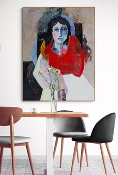Large Expressionist Portrait Oil Painting "Masquerade 1: Woman with Red Shawl""
