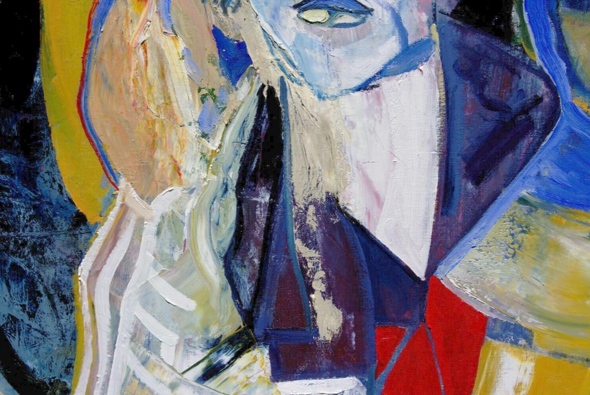 Grande peinture à l'huile de portrait expressionniste « Femme assise en bleu ». - Gris Portrait Painting par André François van Vuuren
