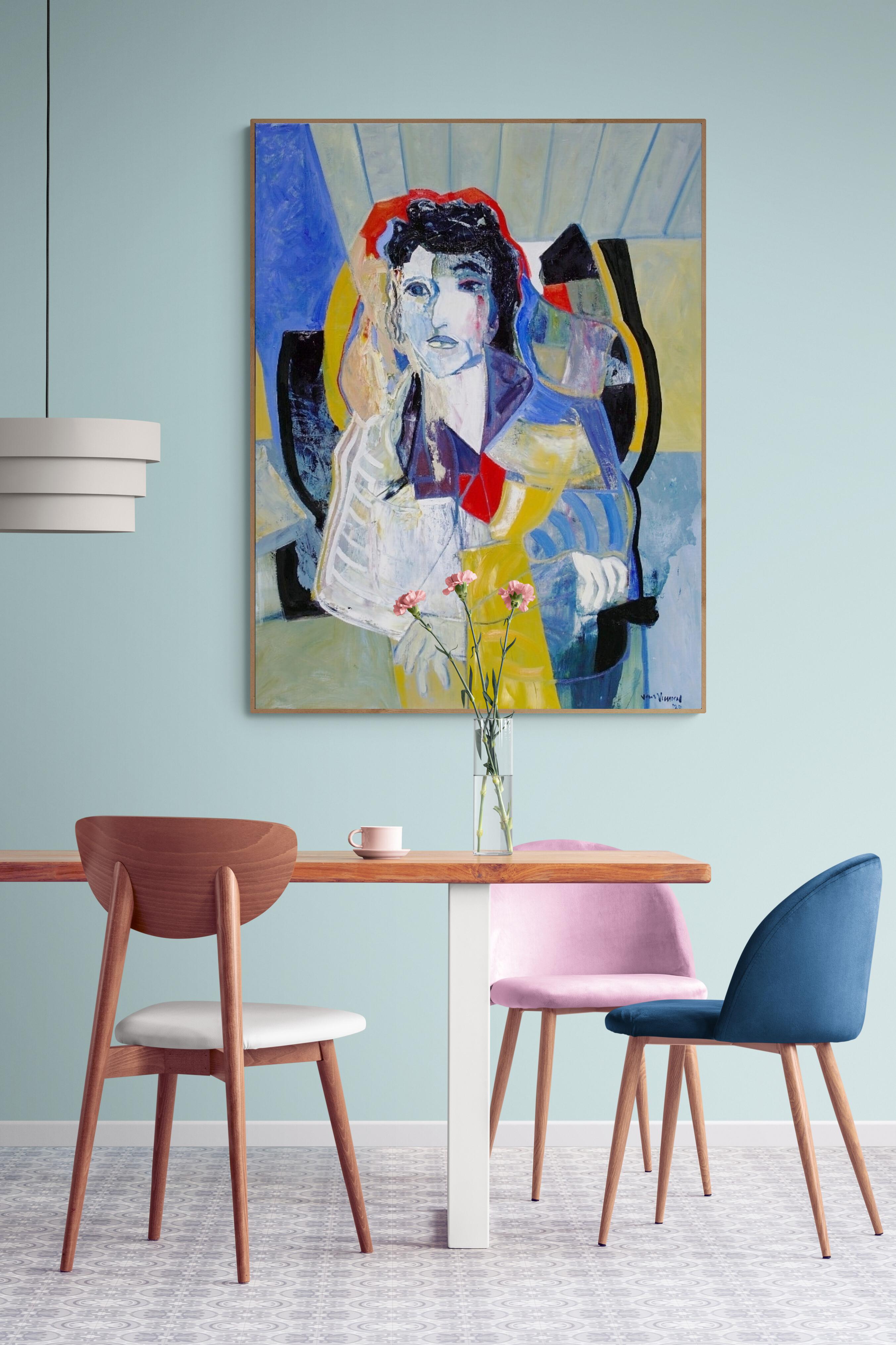 Grande peinture à l'huile de portrait expressionniste « Femme assise en bleu ». en vente 1