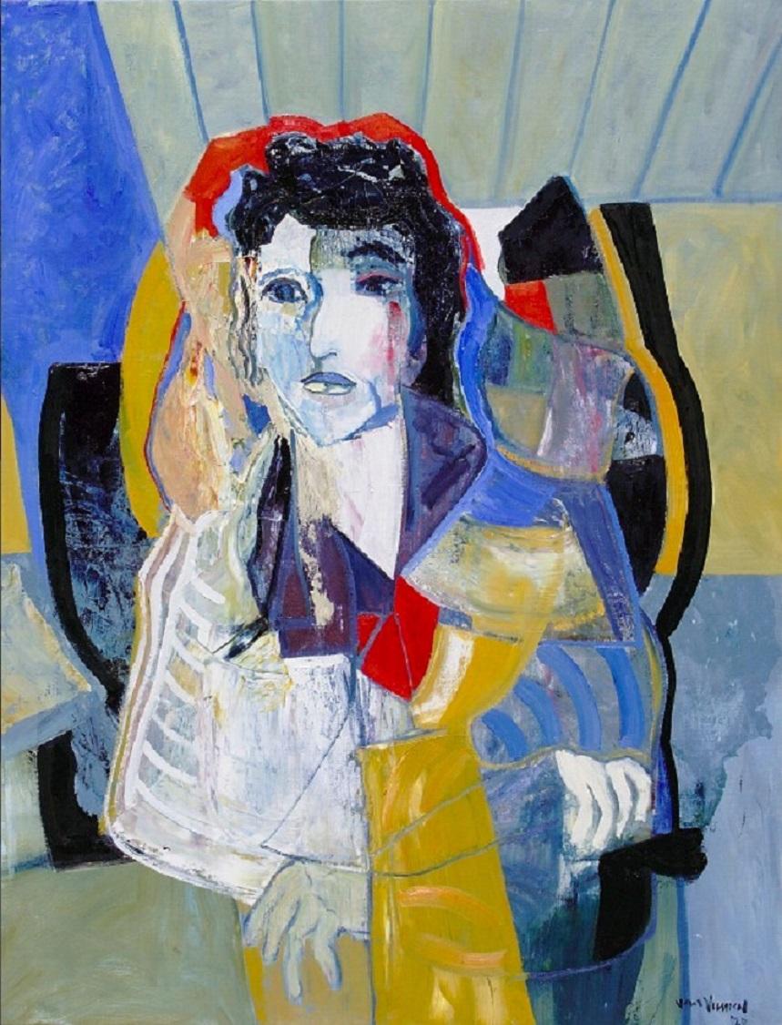 Portrait Painting André François van Vuuren - Grande peinture à l'huile de portrait expressionniste « Femme assise en bleu ».