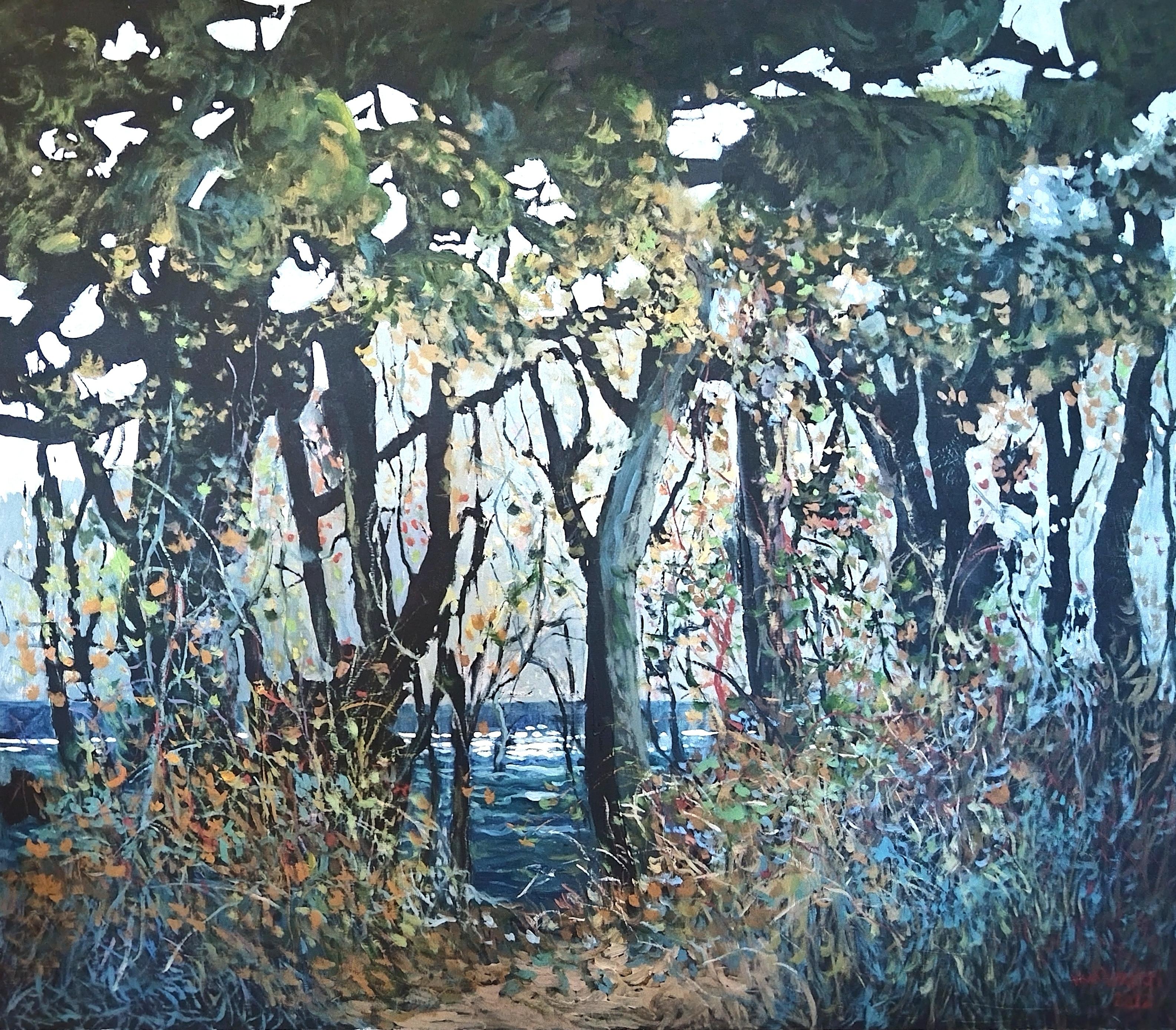 Abstract Painting di André François van Vuuren - Grande dipinto ad olio di paesaggio espressivo "Tidal