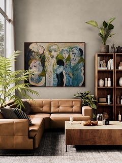 Großes expressionistisches, figuratives Ölgemälde in Grün und Blau: „Trilogie“