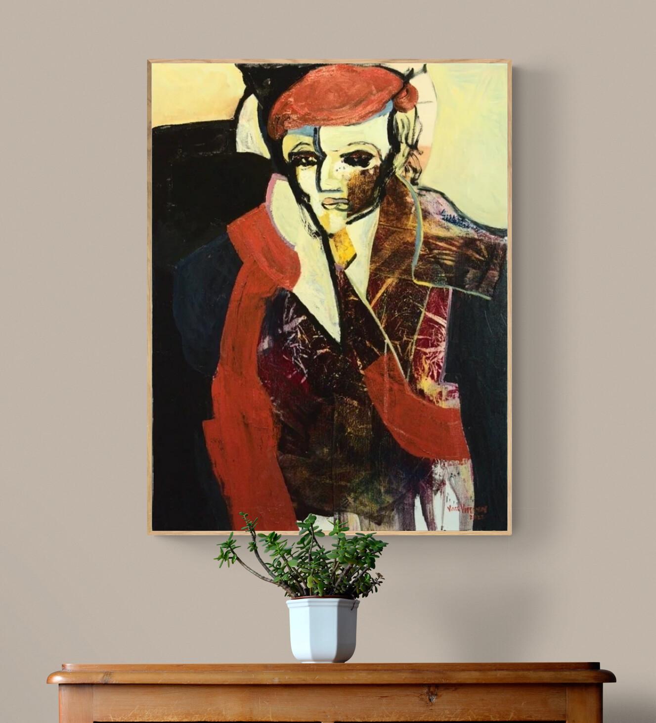 Grande peinture à l'huile expressionniste rouge « Masquerade 7 : Woman » (Femme) - Painting de André François van Vuuren