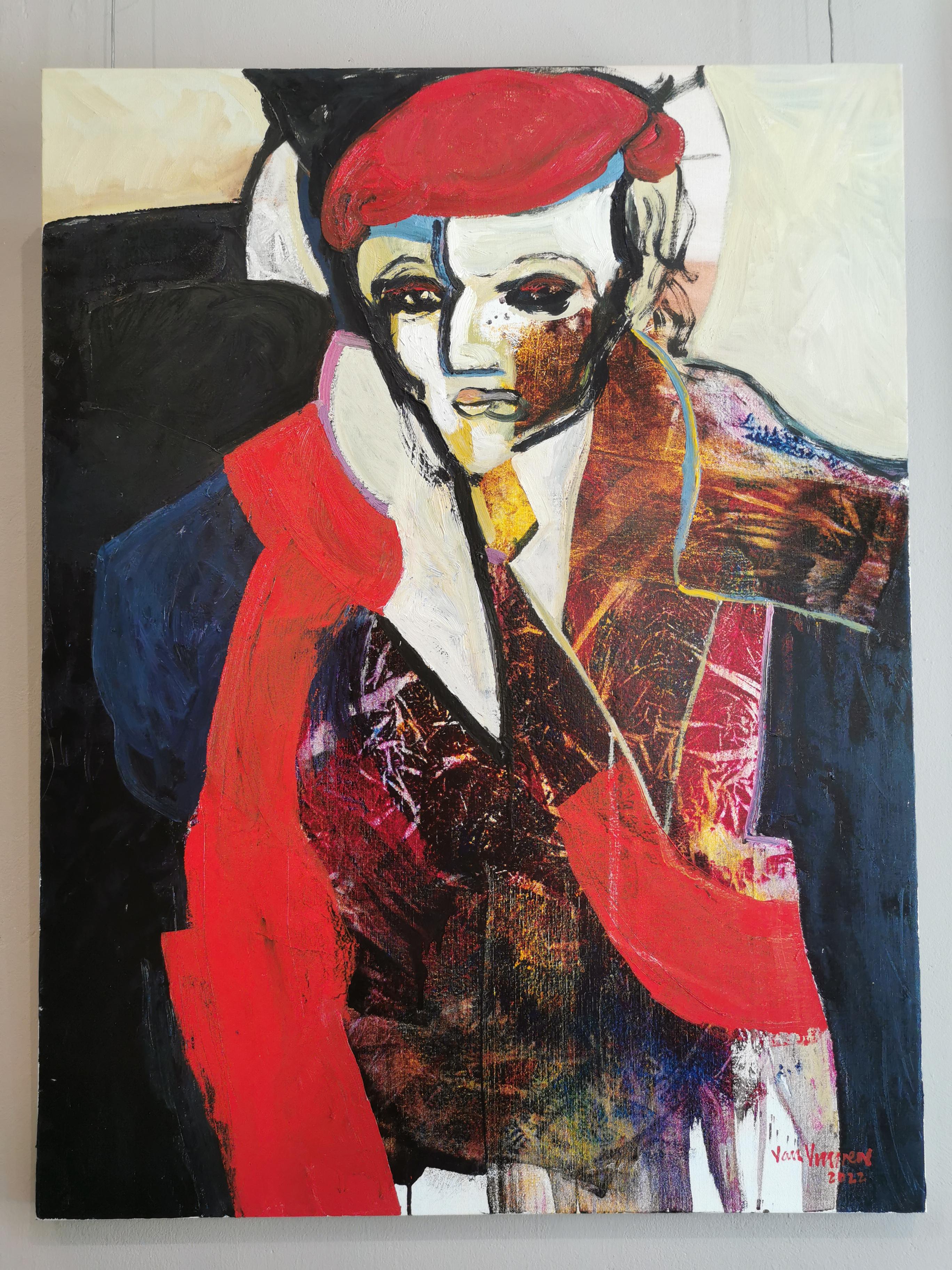 Grande peinture à l'huile expressionniste rouge « Masquerade 7 : Woman » (Femme) - Noir Portrait Painting par André François van Vuuren