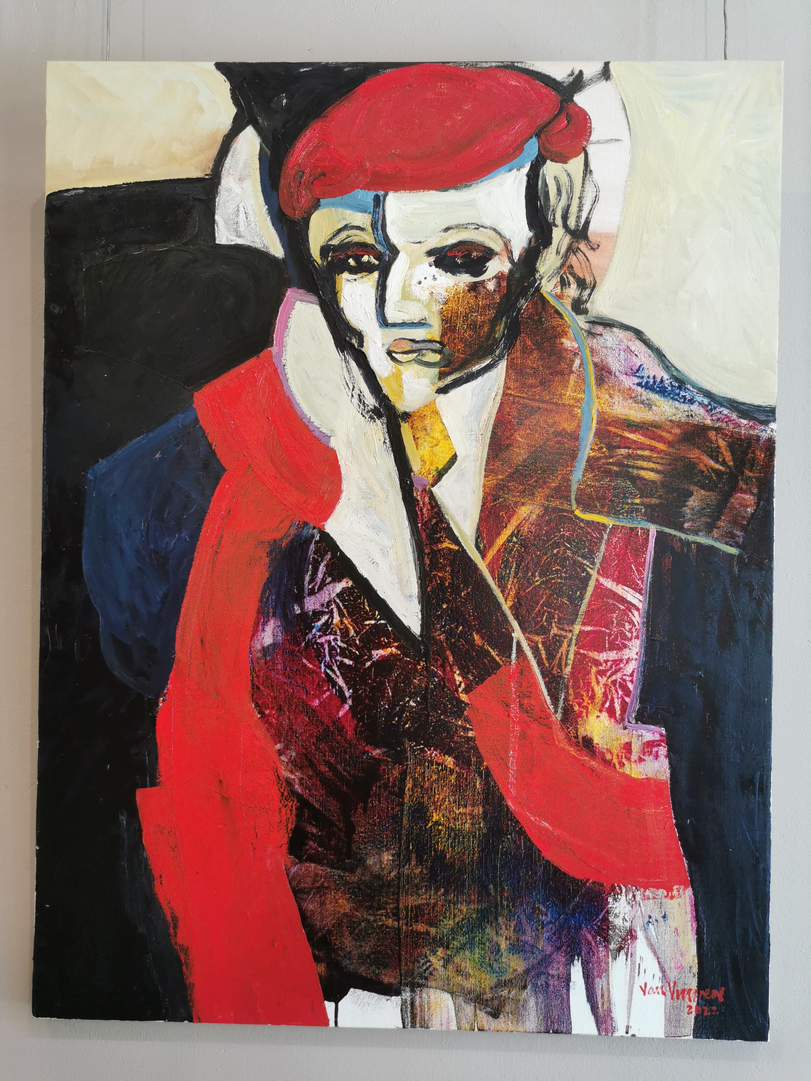 Grande peinture à l'huile expressionniste rouge « Masquerade 7 : Woman » (Femme) en vente 3