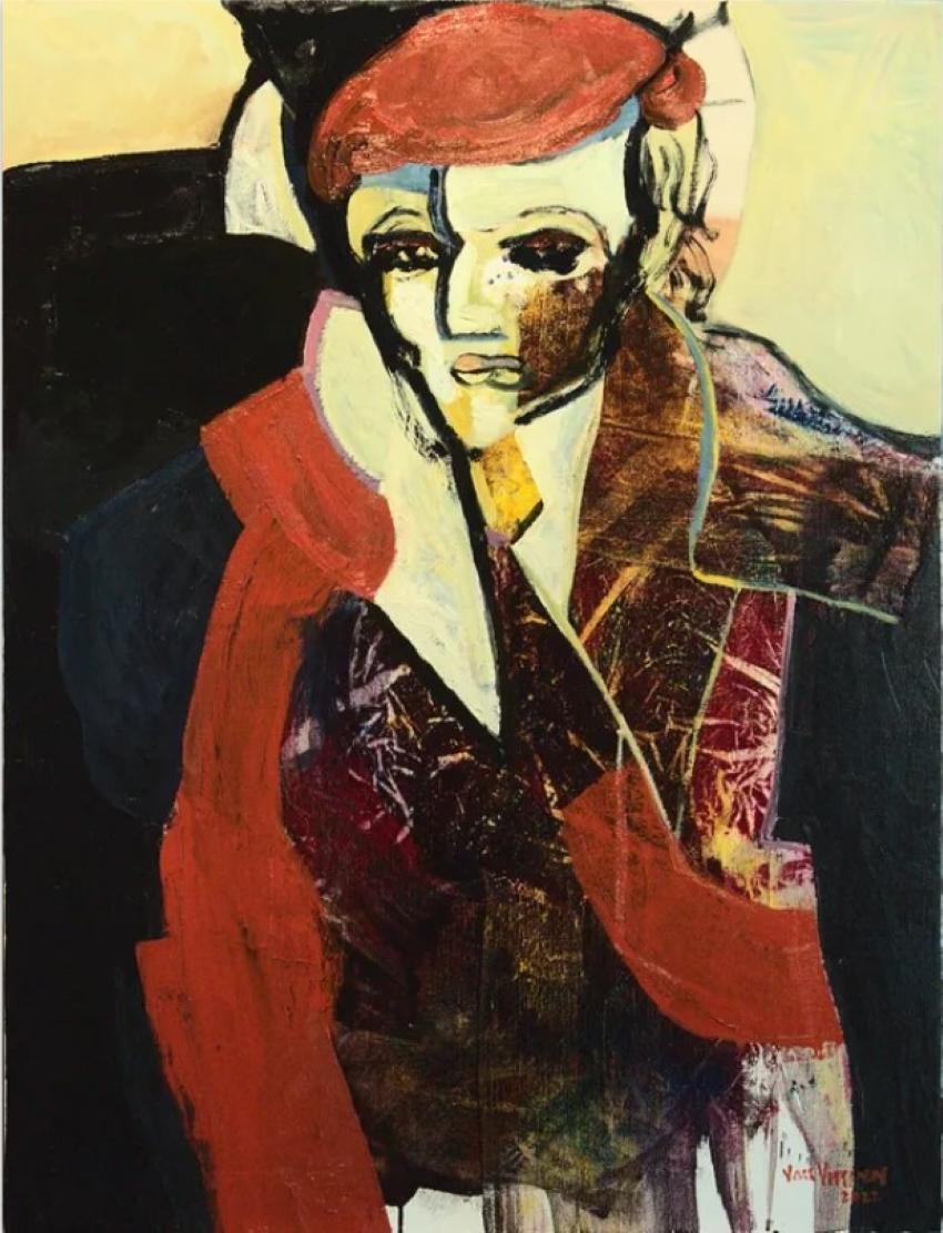 Grande peinture à l'huile expressionniste rouge « Masquerade 7 : Woman » (Femme)