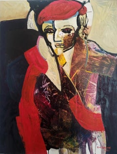 Grande ritratto rosso espressionista dipinto a olio "Masquerade 7: Woman" (Donna)